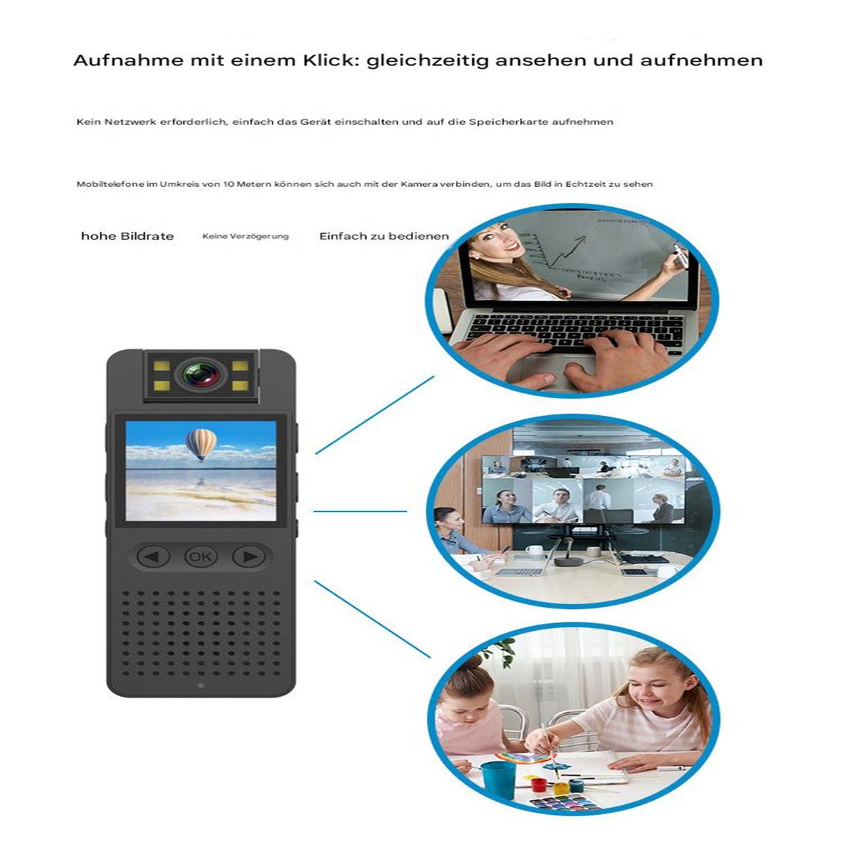 Ein schwarzes Gerät mit einem Bildschirm. Eine Person zeichnet mit einem Tablet, und eine Frau benutzt einen Laptop.