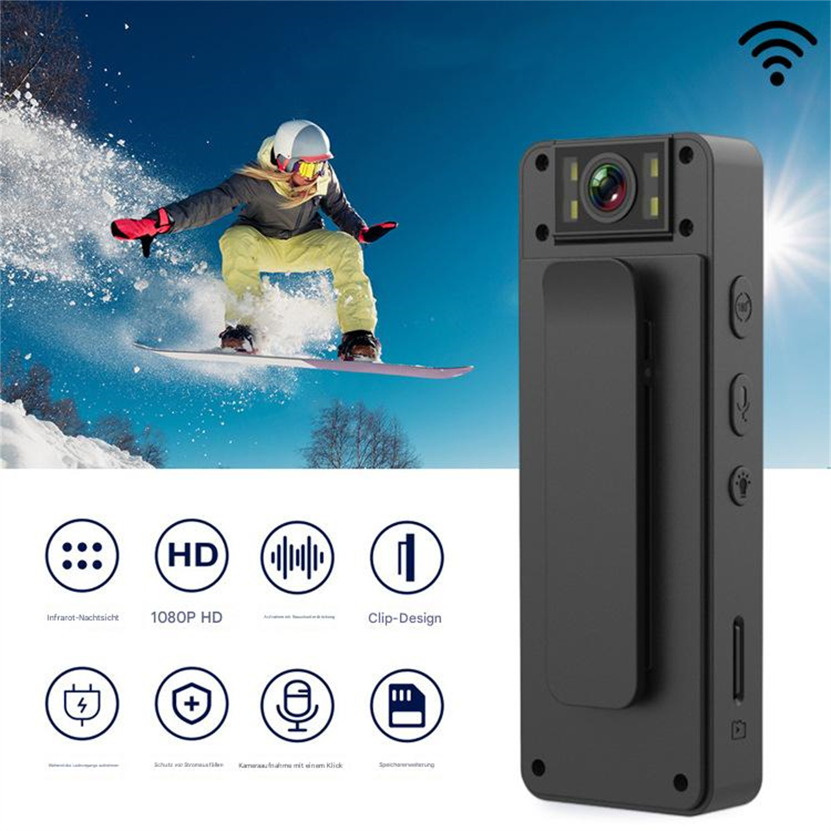 Schwarze Action-Kamera, Skifahrer im Hintergrund, mehrere Symbole.