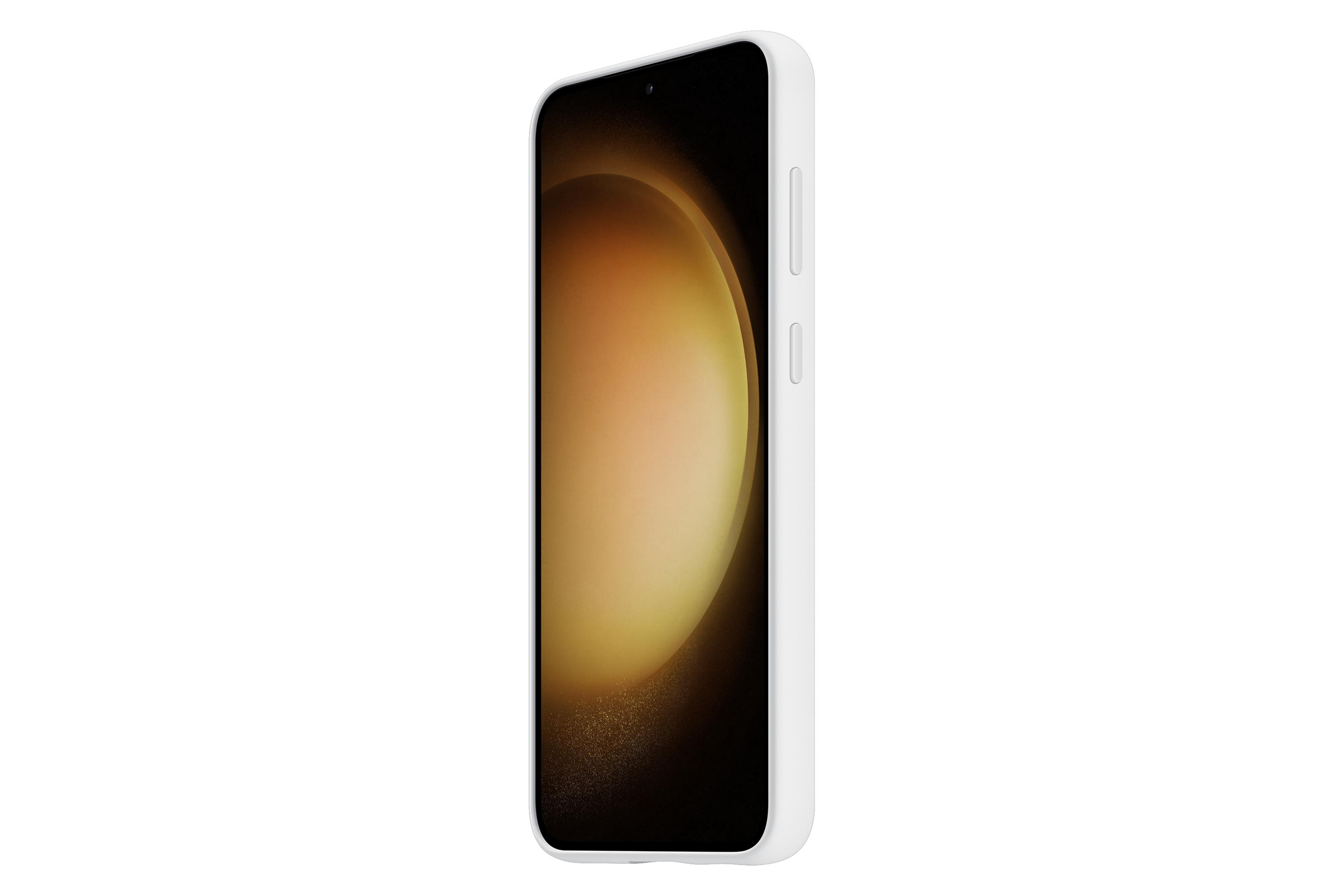 Een witte telefoon in een witte hoes, schuine weergave. Het scherm toont een gouden kleur, geïsoleerd op wit.