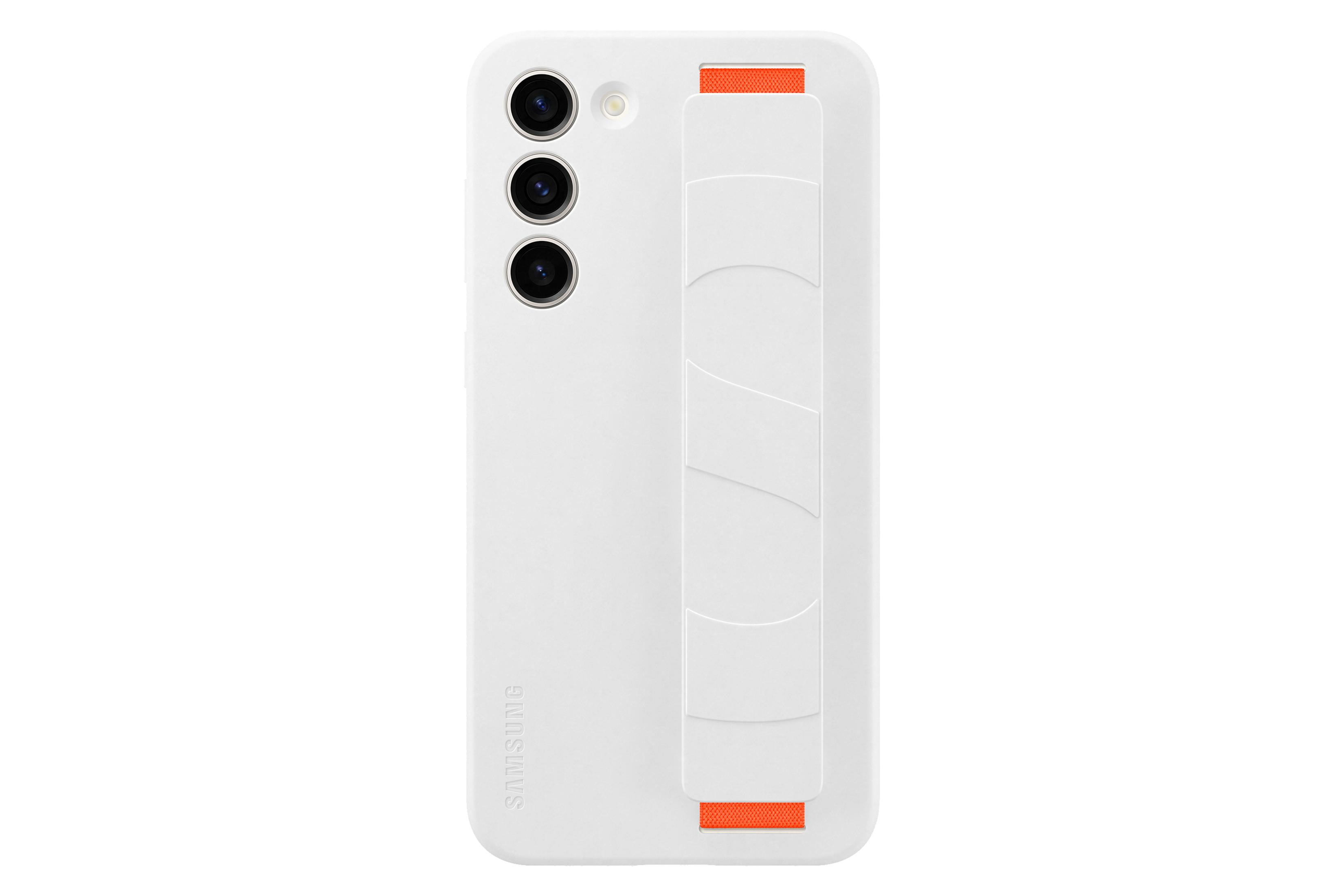 Witte telefoonhoes met standaard, drie cameralenzen en het Samsung logo.