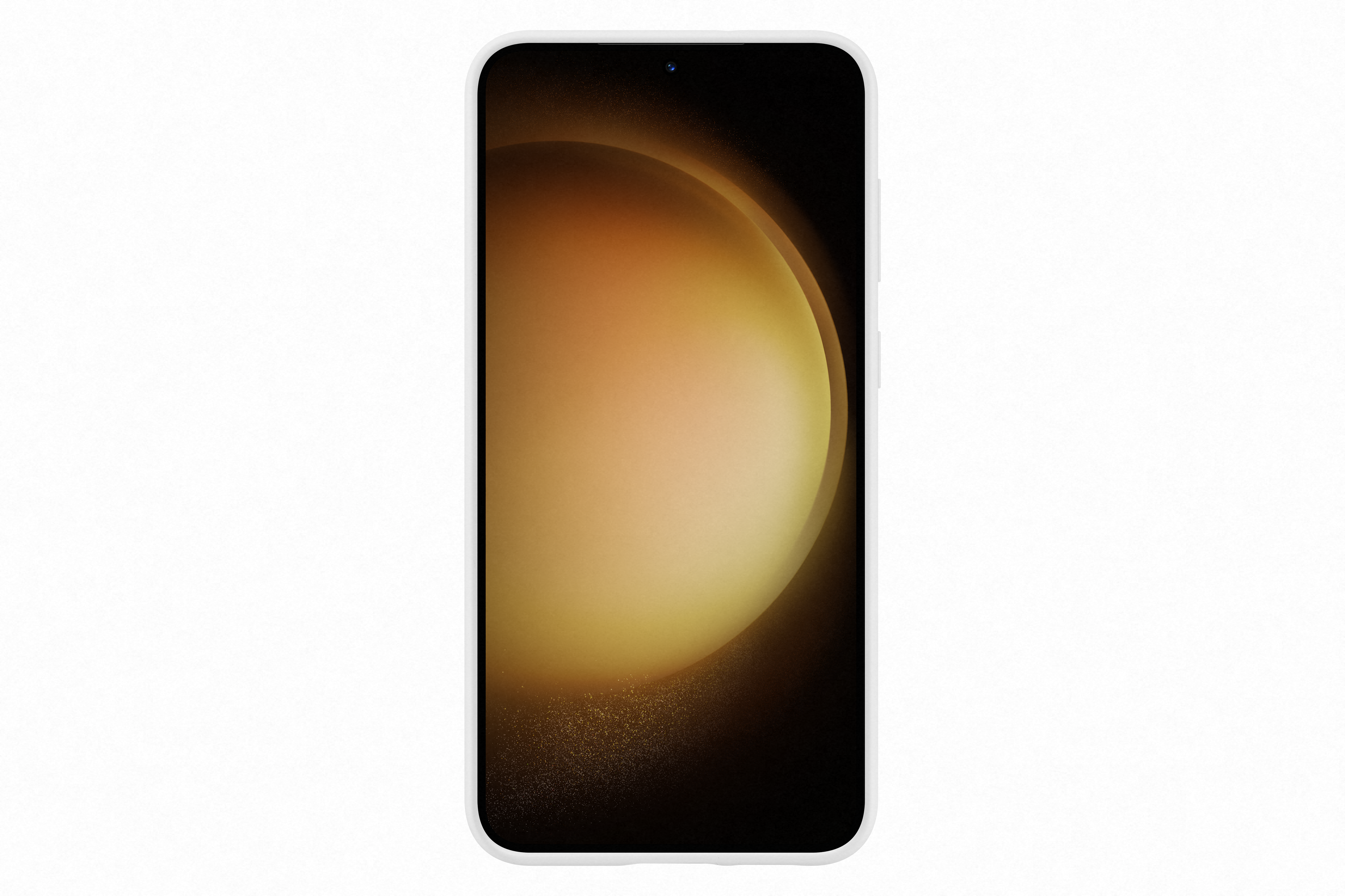 Een witte telefoonhoes met een zwart scherm met een gele en bruine gradiënt. Zijknoppen zijn zichtbaar.