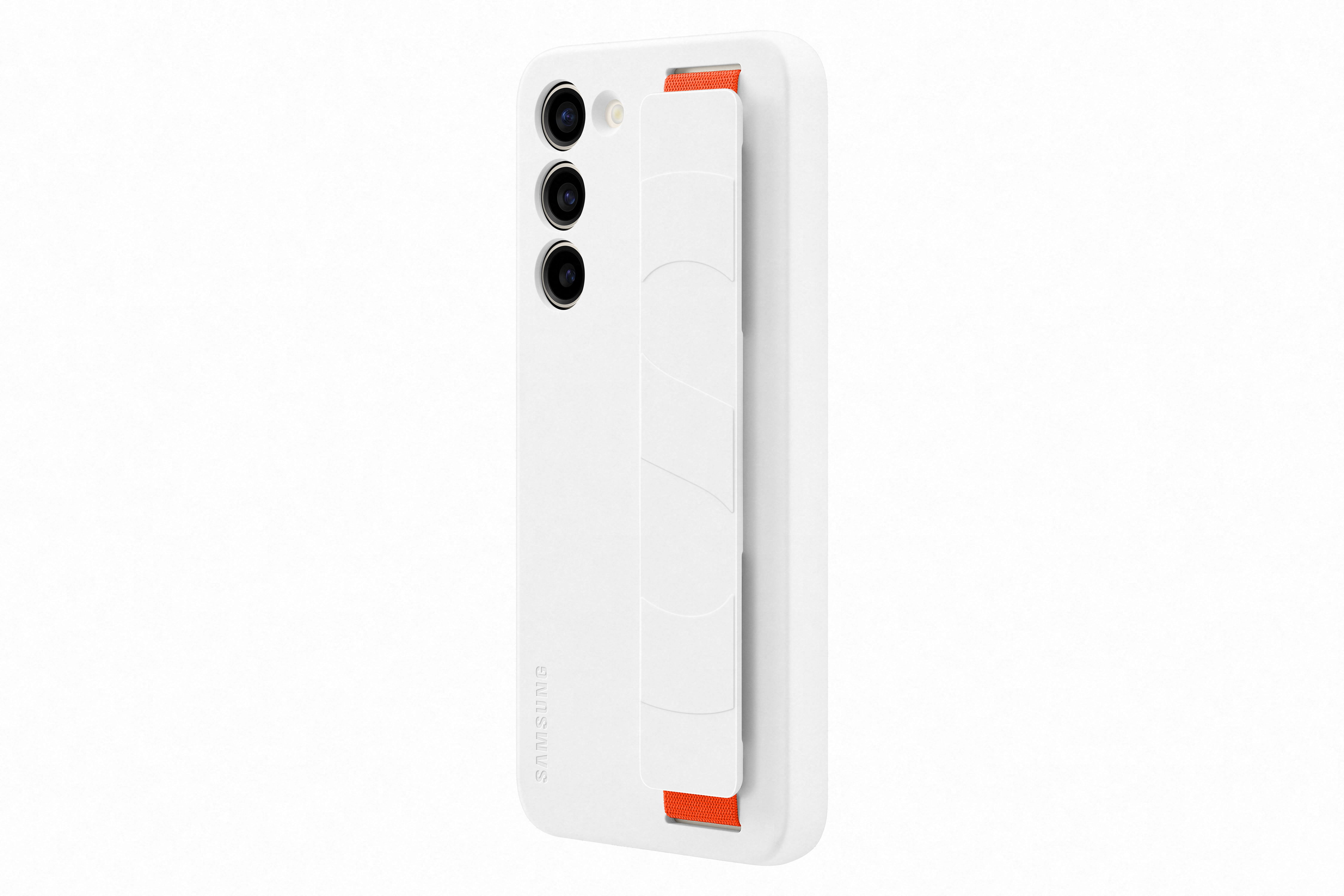 Witte telefoonhoes met een bandje en drie cameralenzen. Het bandje is oranje, Samsung logo.