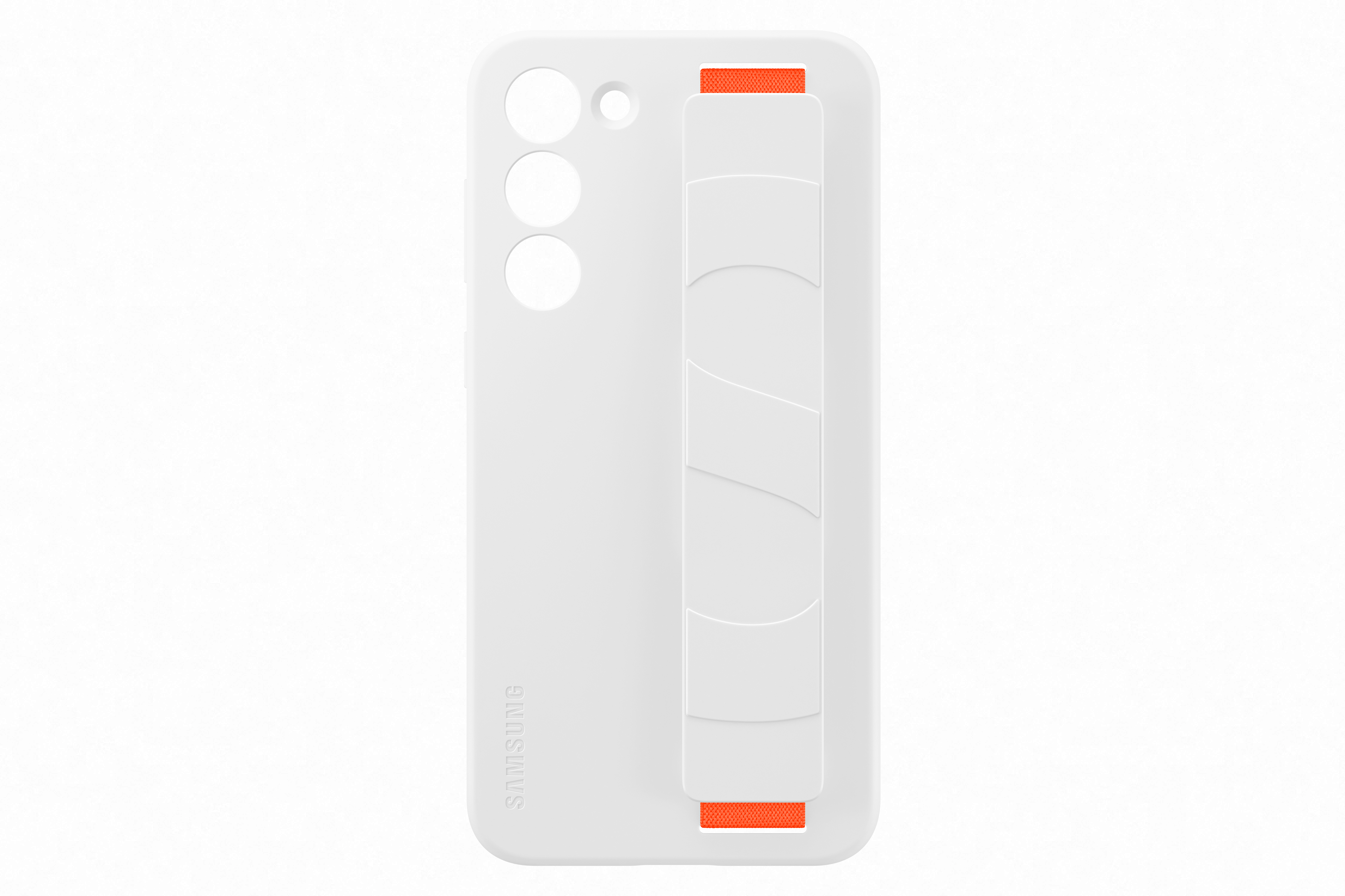 Een witte telefoonhoes met een standaard, witte achtergrond. Het Samsung-logo is zichtbaar onderaan.