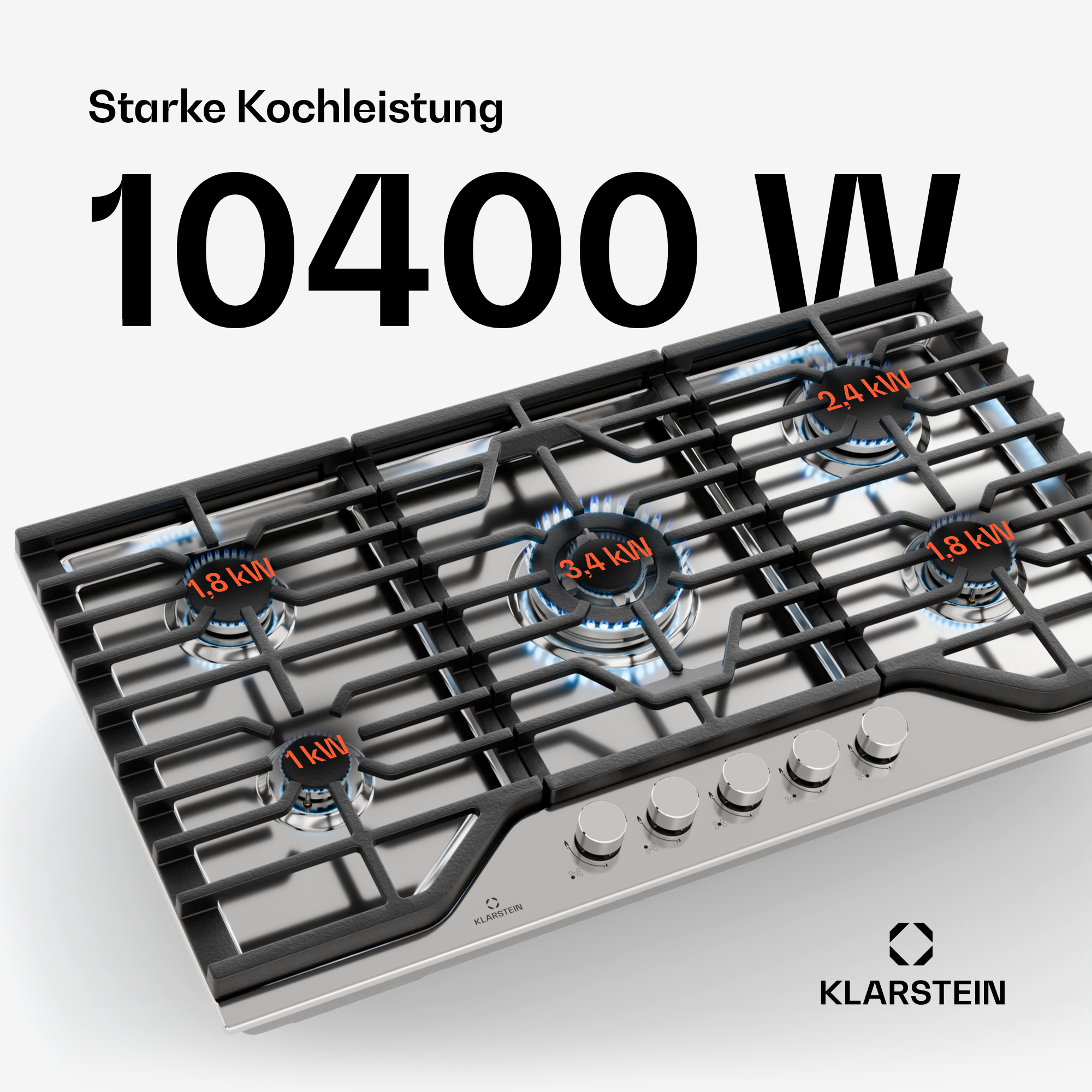 Ein Gaskochfeld mit fünf Brennern und dem Text '10400 W' und Leistungsstufen in Rot. Weißer Hintergrund.