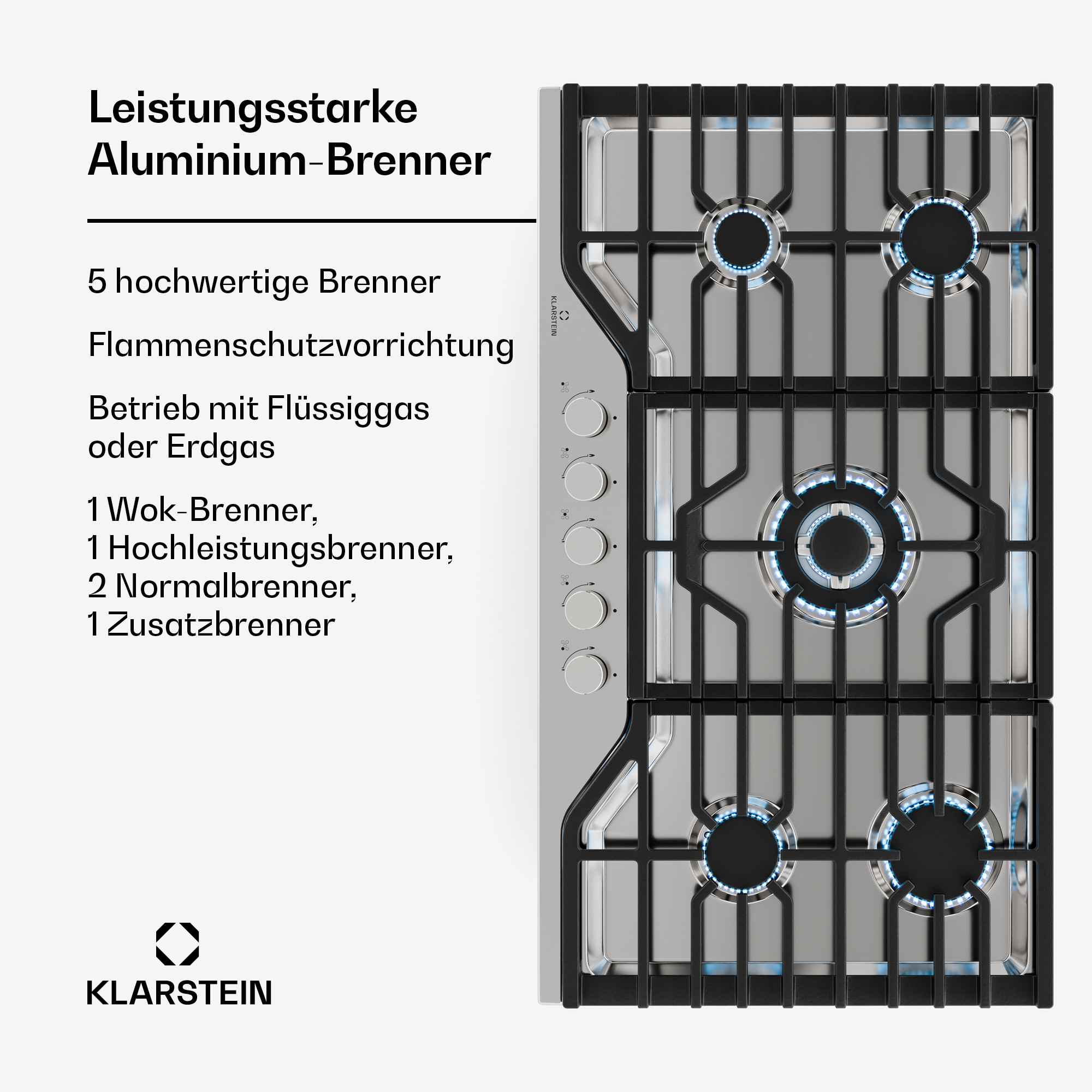 Edelstahl-Kochfeld mit fünf Brennern. Text auf Deutsch. Der Herd ist schwarz und silber.