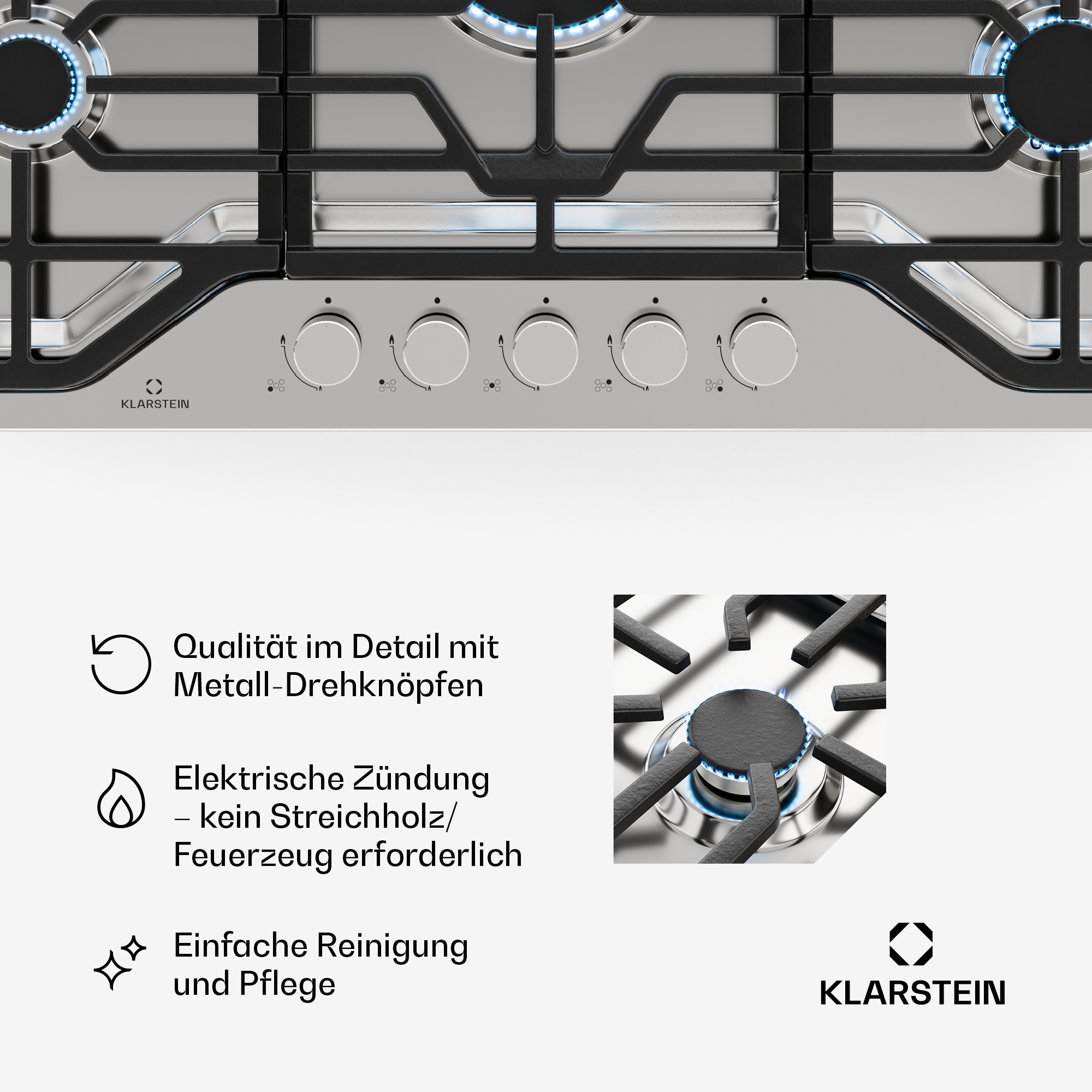 Ein Edelstahl-Gaskochfeld mit fünf Brennern und Bedienknöpfen. Nahaufnahme, die die Details hervorhebt.