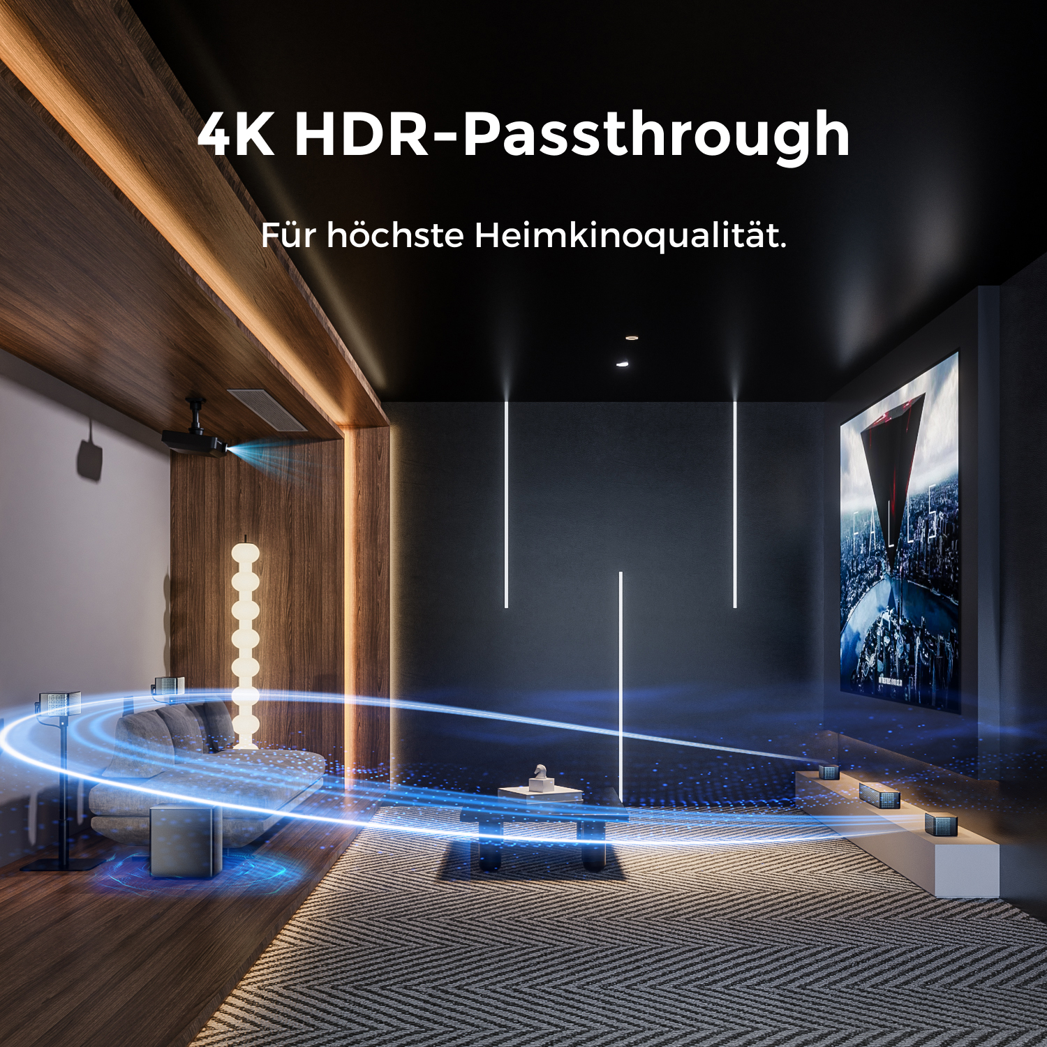Heimkino-Setup mit großem Bildschirm, Sofa und Umgebungsbeleuchtung. Der Raum ist dunkel und modern.