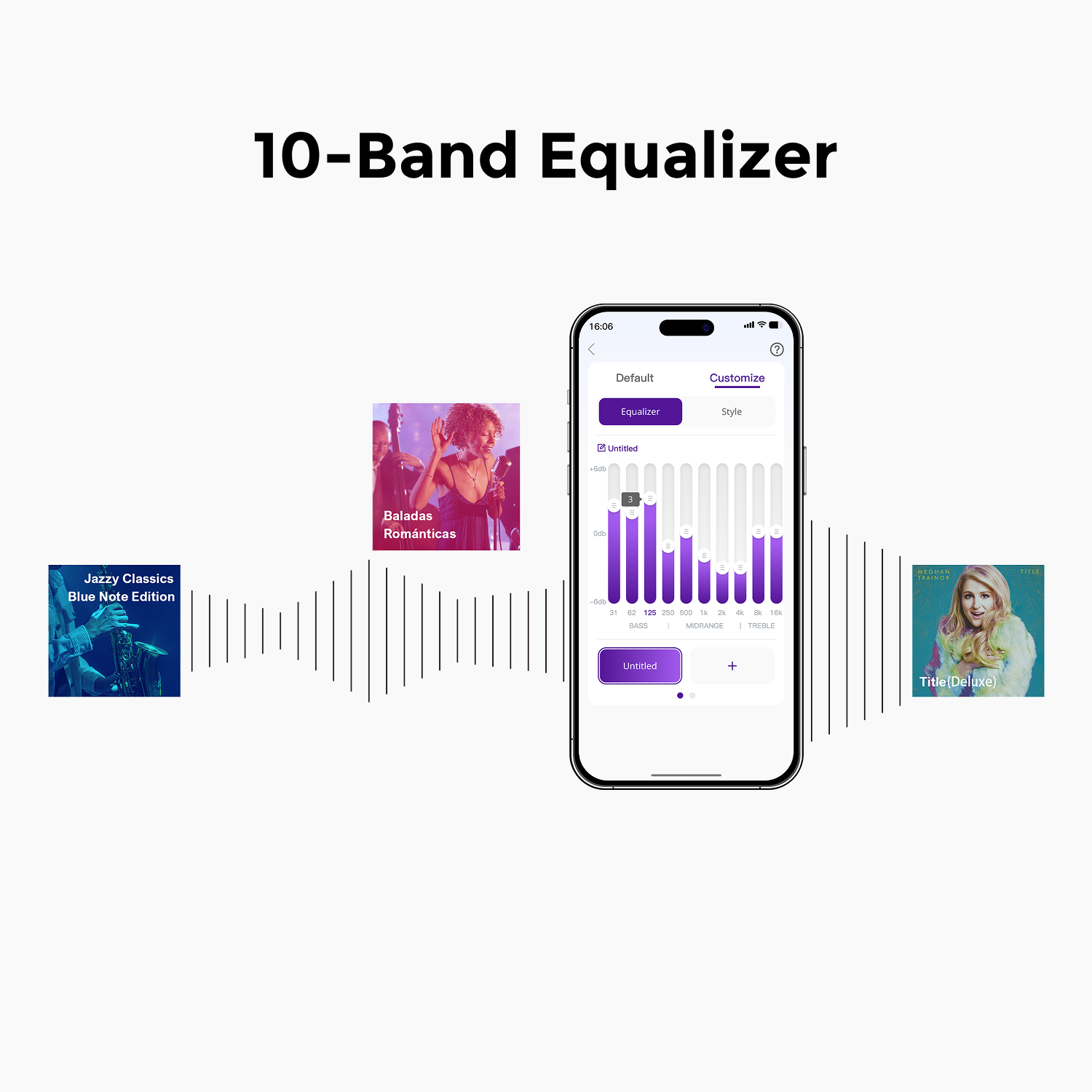Ein Telefon zeigt eine 10-Band-Equalizer-Oberfläche. Albumcover befinden sich links und rechts vom Bildschirm.