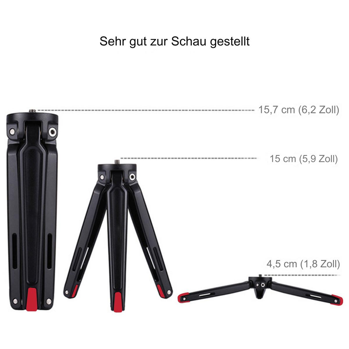 Ein schwarzes Stativ in drei Konfigurationen: zusammengeklappt, teilweise geöffnet und vollständig ausgefahren, mit Größenangaben.
