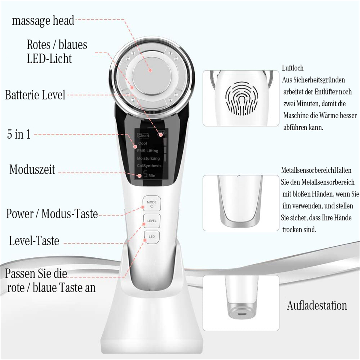 Ein Schönheitsgerät mit Ständer, zeigt Power/Modus und Level-Tasten, einen Massagekopf und weitere Details.