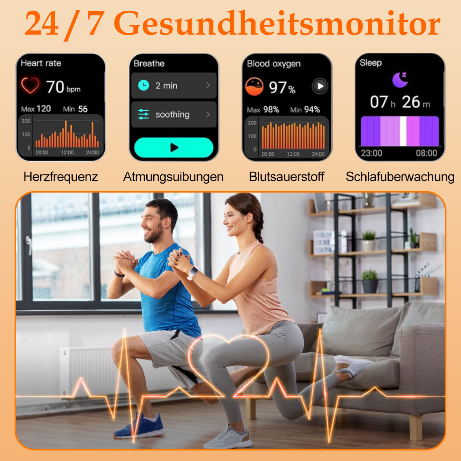 Bildschirme, die Gesundheitsdaten wie Herzfrequenz, Atmung, Blutsauerstoff und Schlafzyklen zeigen, mit trainierenden Menschen.