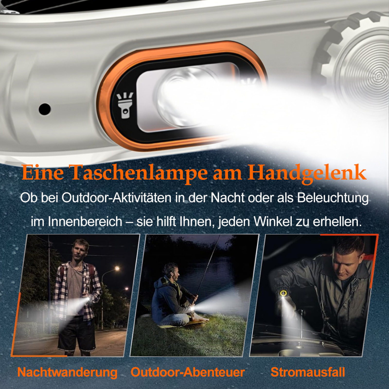 Eine Armbanduhr mit hellem Licht. Unten sind drei Bilder, wie das Licht nachts und bei der Arbeit eingesetzt wird.