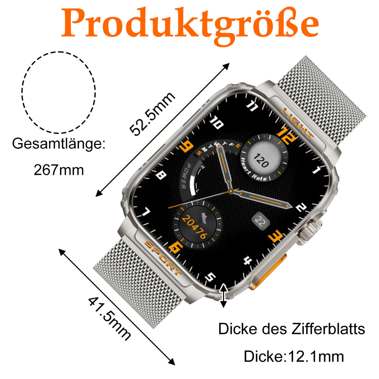 Ein Bild, das die Abmessungen einer silbernen Smartwatch zeigt, mit Text, der die Länge, Breite und Dicke angibt.