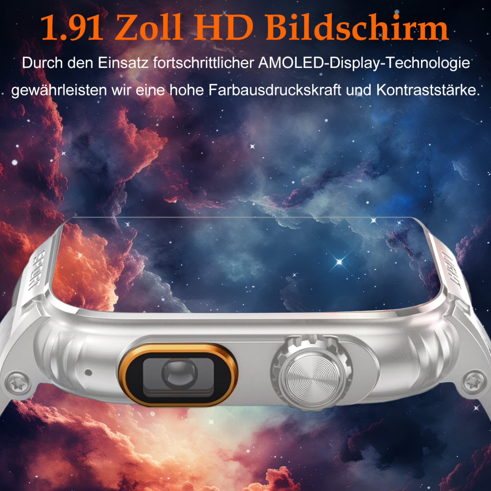 Eine Smartwatch zeigt ein farbenfrohes Display mit Zeit- und Gesundheitsmetriken. Die Uhr hat ein silbernes Gehäuse.