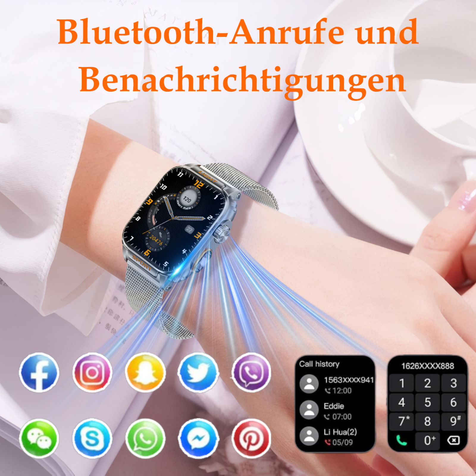 Eine Smartwatch zeigt Zeit und Benachrichtigungen an. Symbole für soziale Medien und ein Anrufverlauf sind ebenfalls vorhanden.