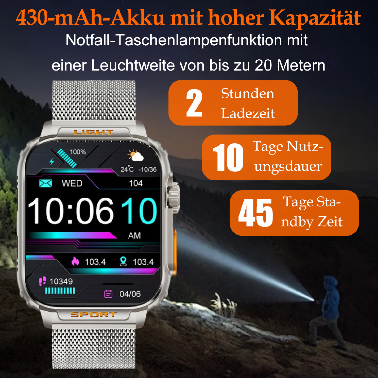 Eine Smartwatch zeigt Zeit- und Gesundheitsdaten an. Sie zeigt einen Batteriestand und hat eine Taschenlampenfunktion.