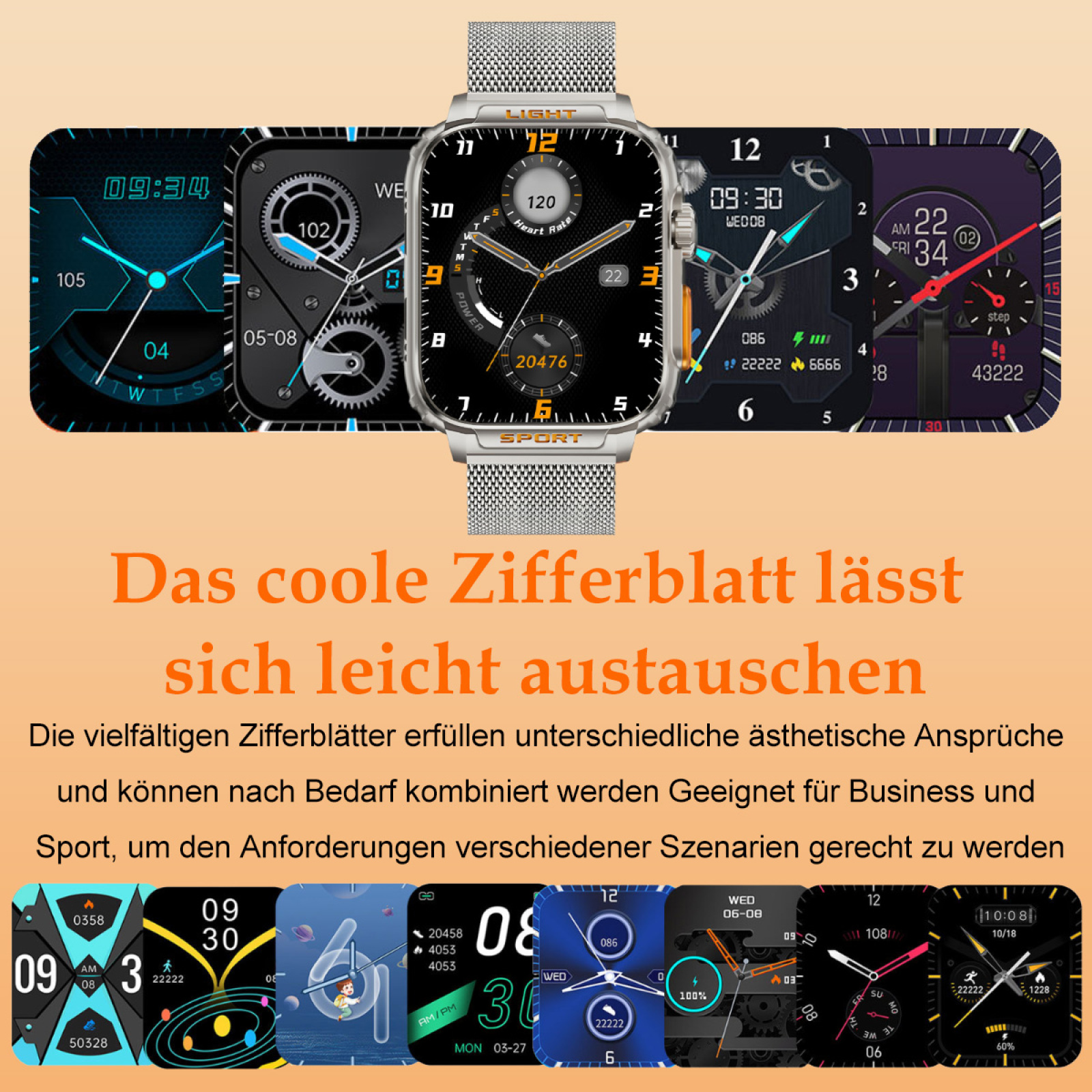 Smartwatch mit verschiedenen Zifferblättern. Text auf Deutsch beschreibt die austauschbaren Zifferblätter für Business und Sport.