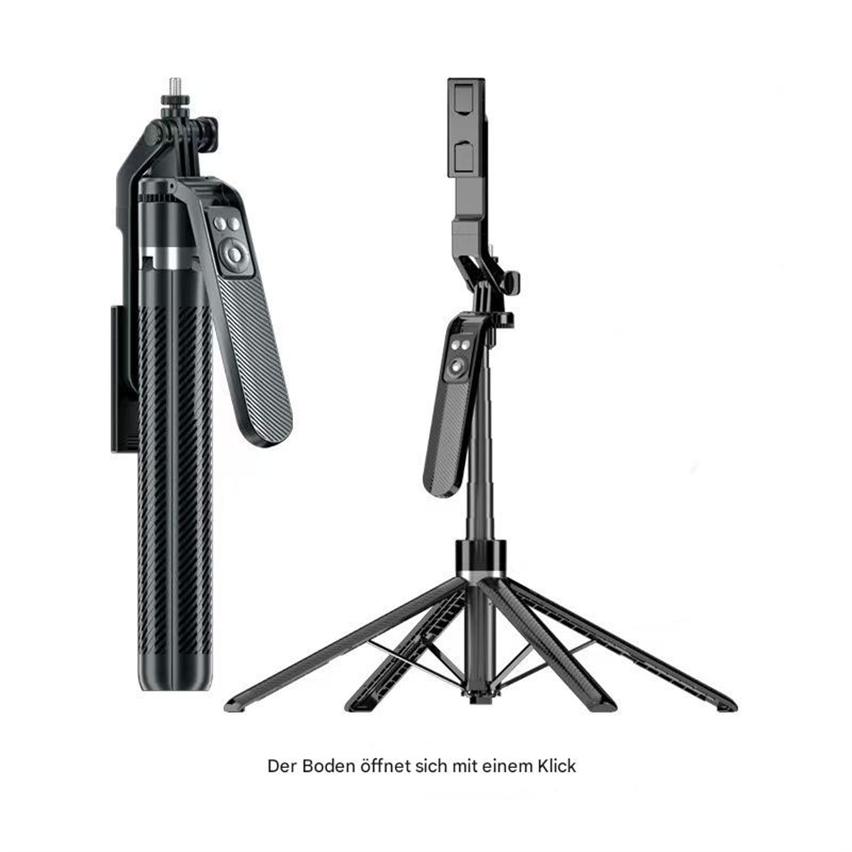 Zwei Selfie-Sticks; einer ausgezogen mit Telefon und der andere zusammengeklappt. Beide sind schwarz mit strukturiertem Design.