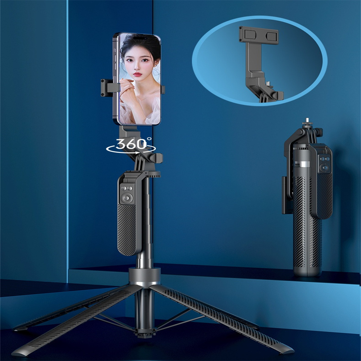 Ein Telefon ist auf einem Stativ montiert. Das Gesicht einer Frau wird auf dem Telefonbildschirm angezeigt. Ein zweiter Selfie-Stick ist vorhanden.