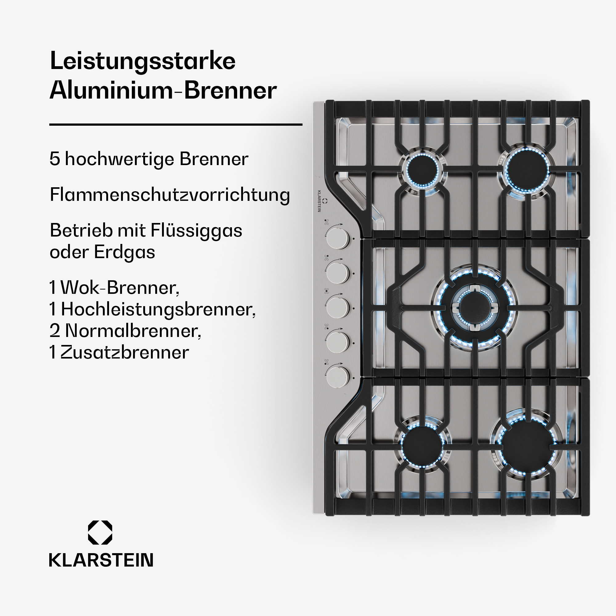 Ein Gasherd mit fünf Brennern. Der Herd ist aus Edelstahl und verfügt über fünf Brenner und das Klarstein-Logo.