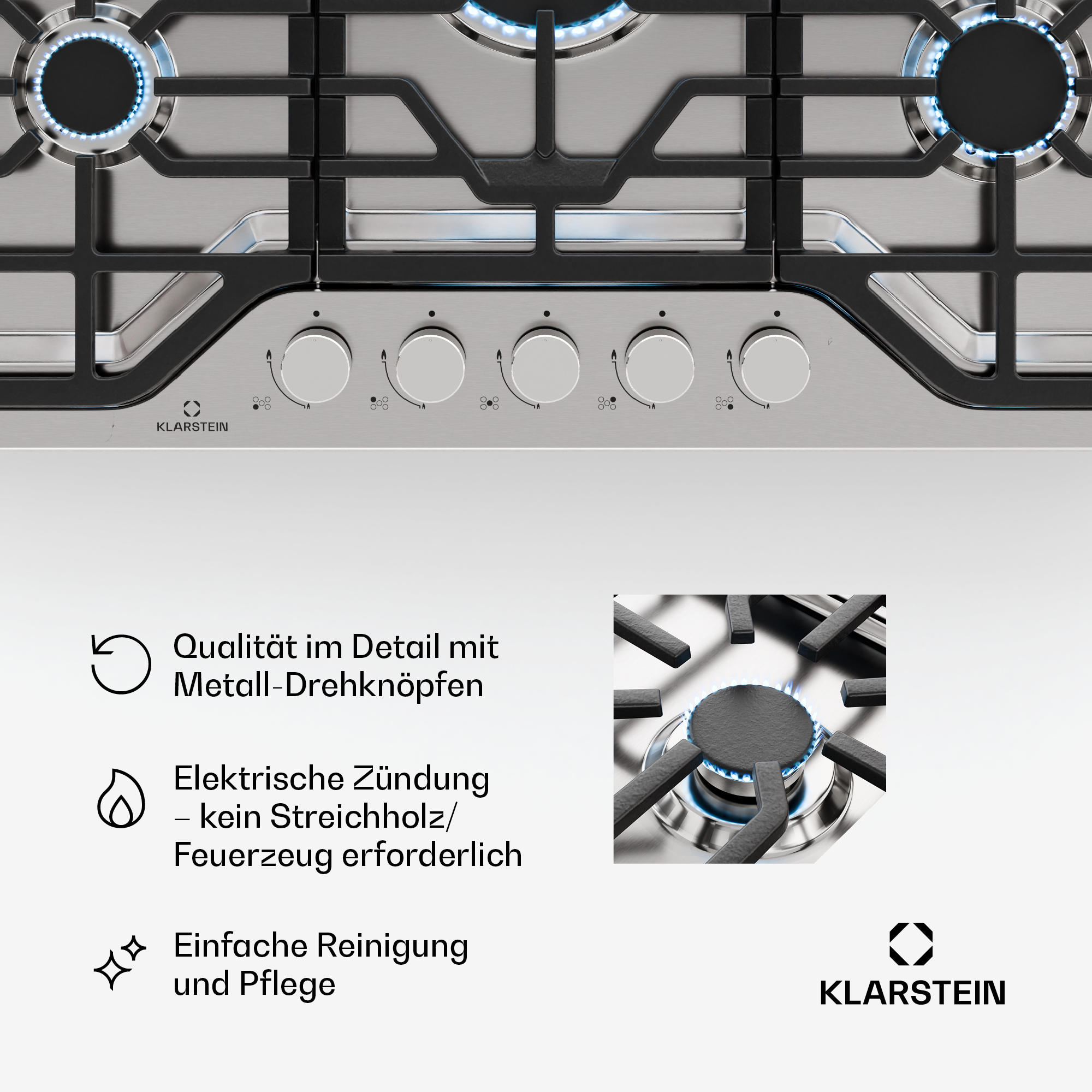 Ein Edelstahl-Gasherd mit fünf Brennern, silbernen Knöpfen und blauen Flammen. Das Klarstein-Logo ist unten rechts.