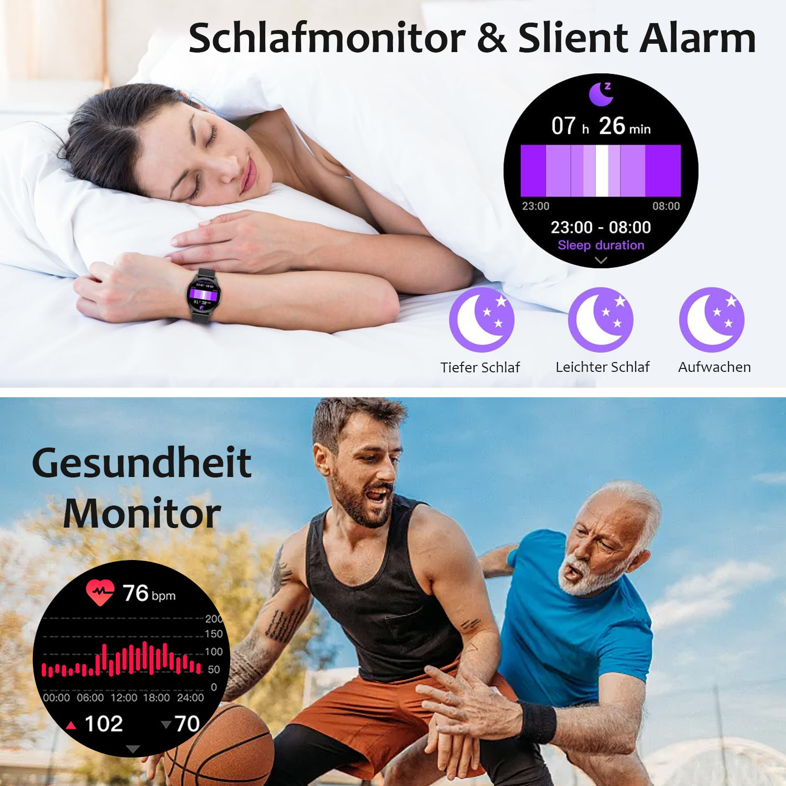 Eine schlafende Person mit Smartwatch und ein Gesundheitsmonitor mit Diagramm, mit zwei Basketball spielenden Männern.