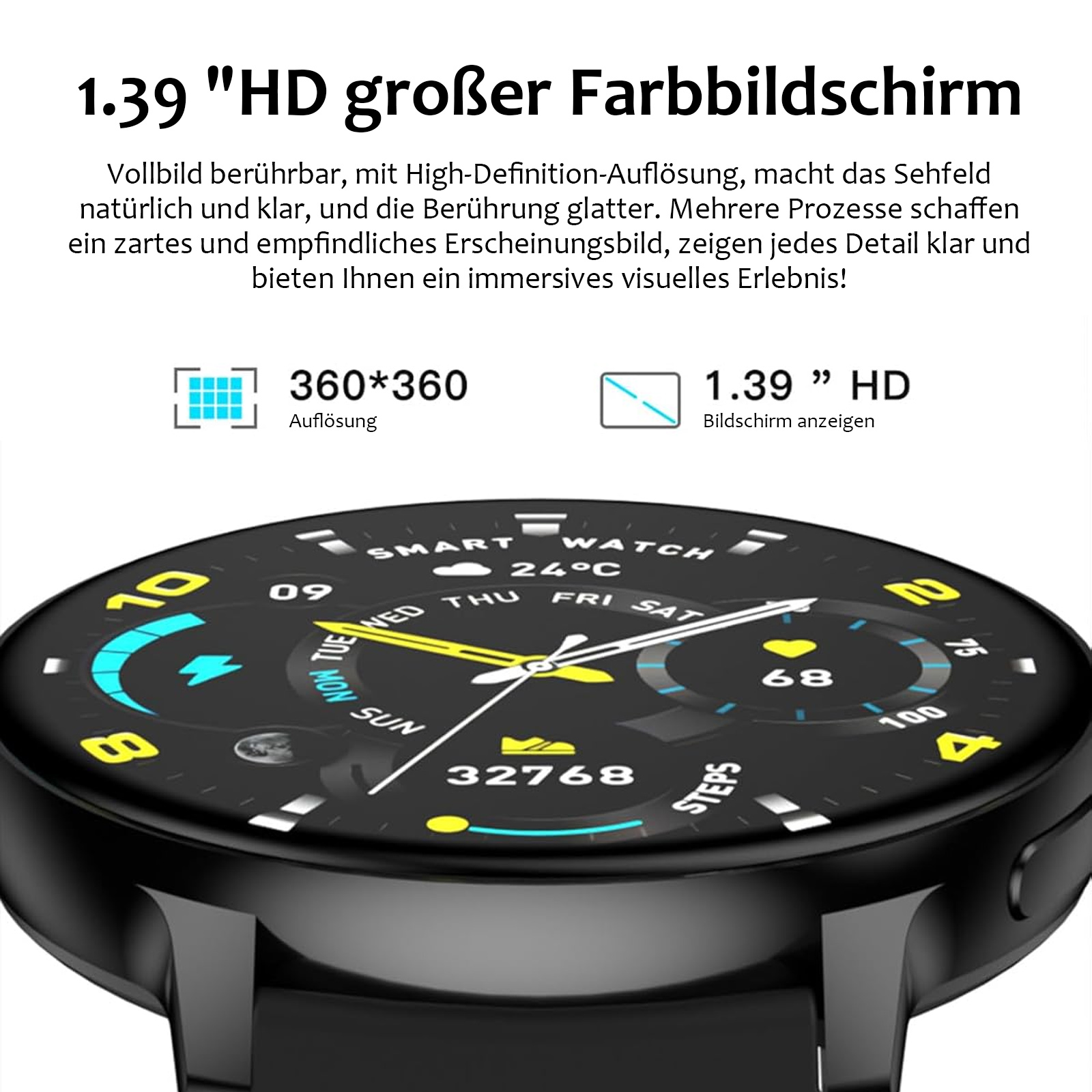 Nahaufnahme einer Smartwatch mit schwarzem Armband, die eine farbenfrohe Oberfläche mit verschiedenen Daten anzeigt.
