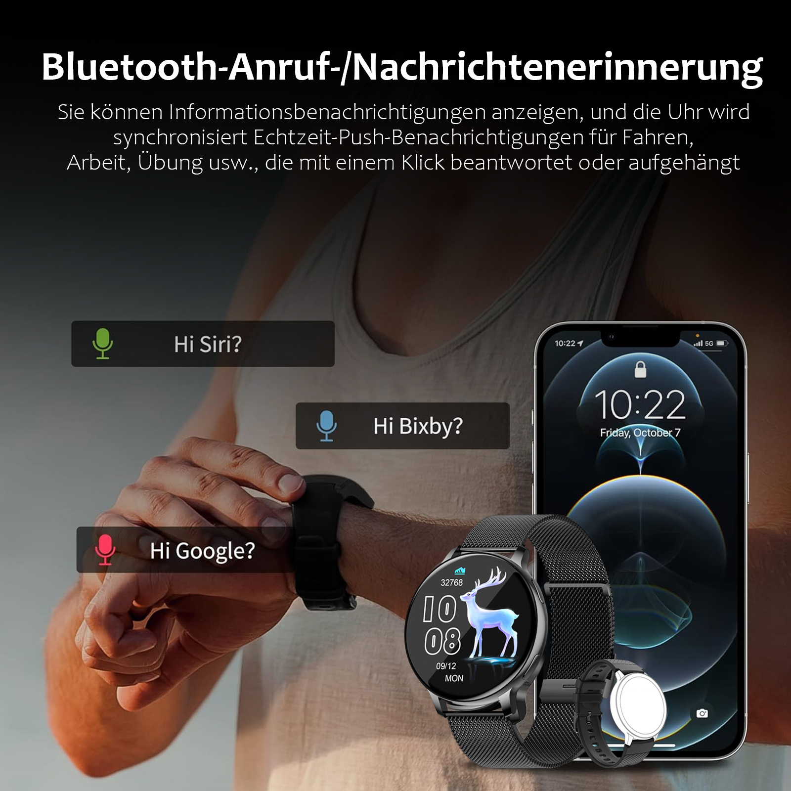 Ein Mann hält ein Smartphone neben seinem Handgelenk mit einer Smartwatch. Der Bildschirm zeigt verschiedene Apps.