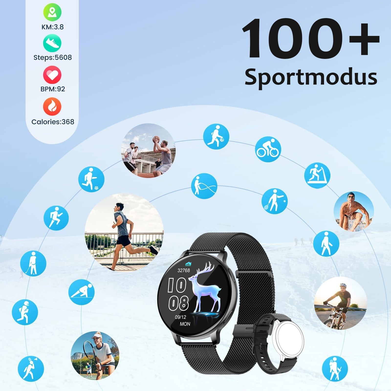 Smartwatch mit Sportoberfläche, im Hintergrund ein Mann beim Laufen und verschiedene Sport-Symbole.