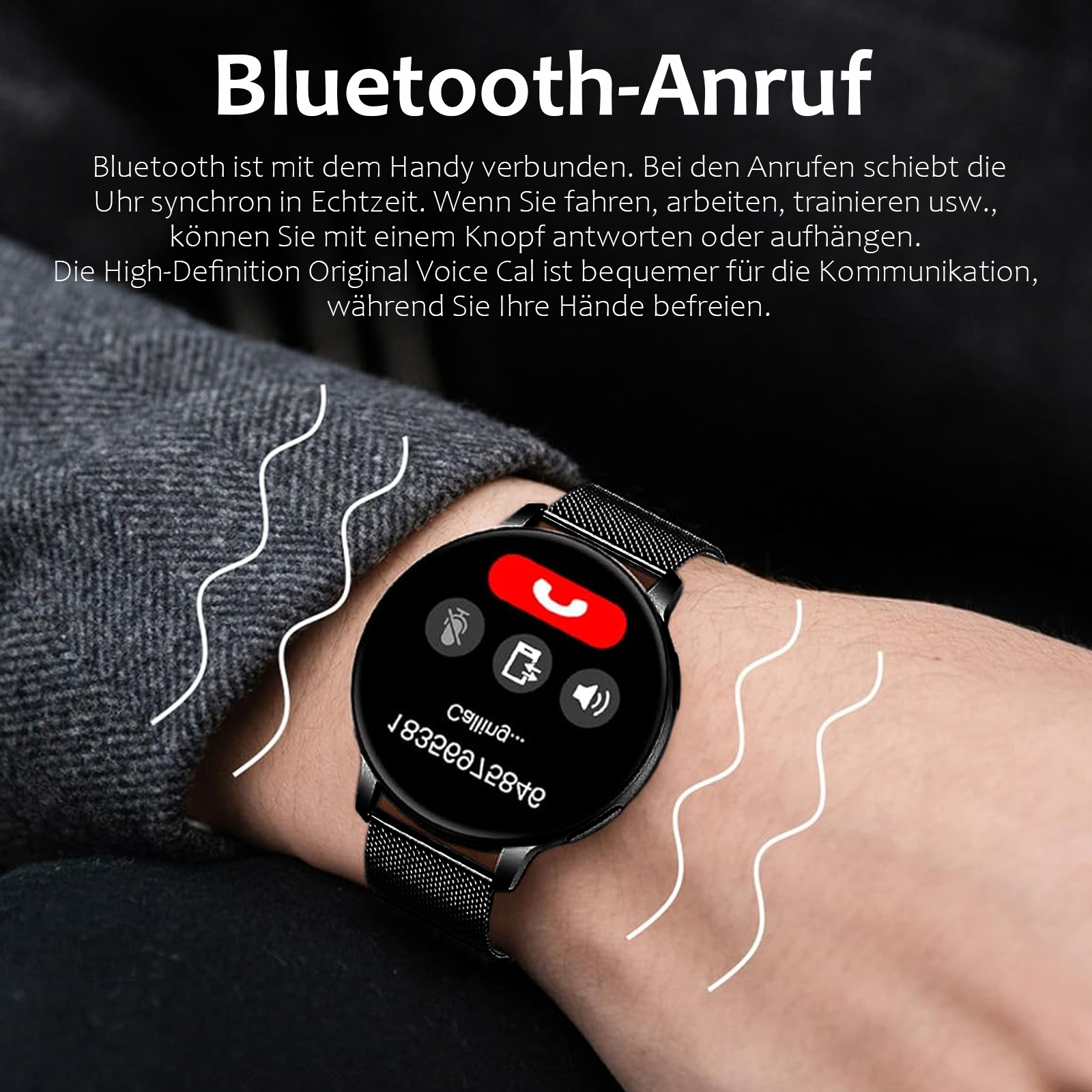 Das Handgelenk einer Person mit einer Smartwatch, die eine Anrufoberfläche mit einem roten Telefonsymbol zeigt.