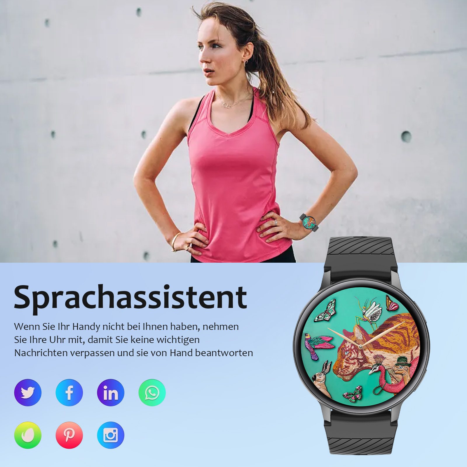 Frau in rosa Trainingskleidung, die nach oben schaut. Eine Smartwatch mit farbenfrohem Zifferblatt an ihrem Handgelenk.