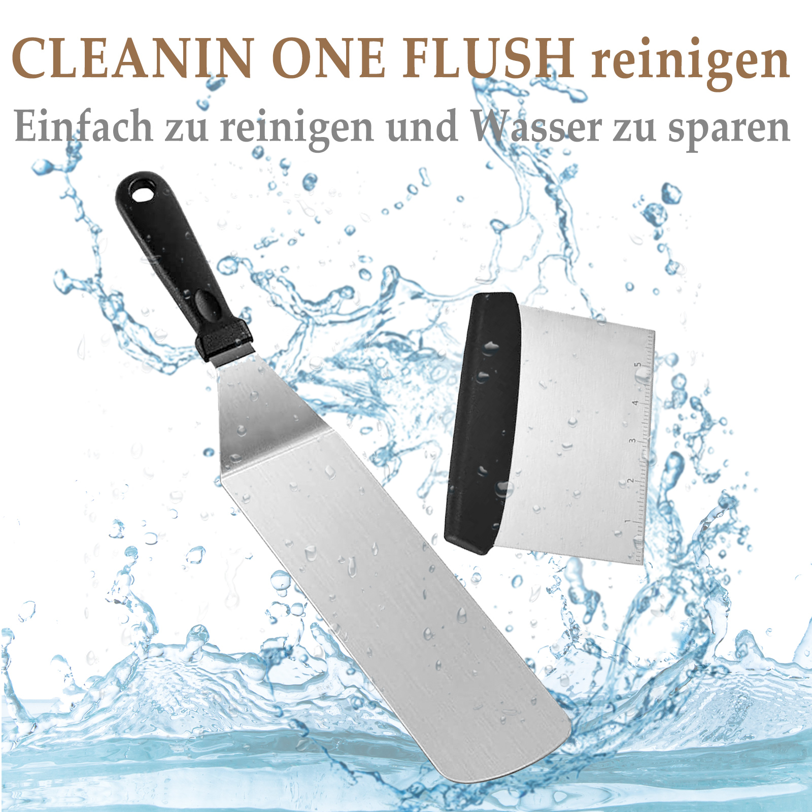 Ein Spatel und ein Schaber mit Wasserspritzern im Hintergrund. Der Text besagt, dass es leicht zu reinigen ist und Wasser spart.