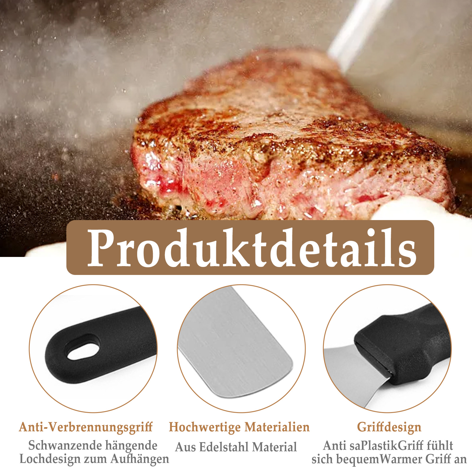 Nahaufnahme eines gebratenen Steaks mit Details eines Spatels mit schwarzem Griff und Design-Details.
