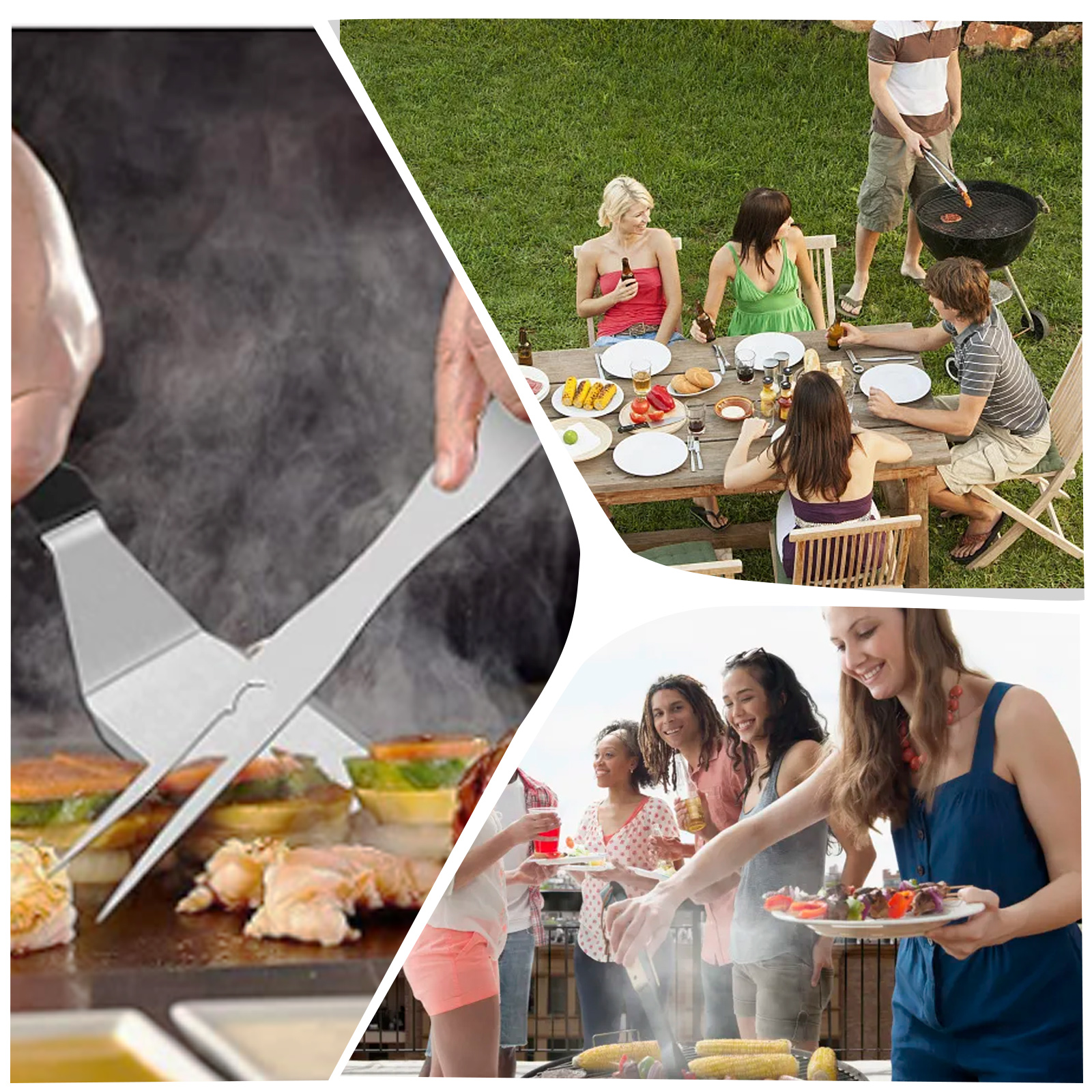 Eine Collage, die Menschen beim Grillen, Grillen und Essen zeigt. Enthält eine Ansicht des Grills und des Tisches.