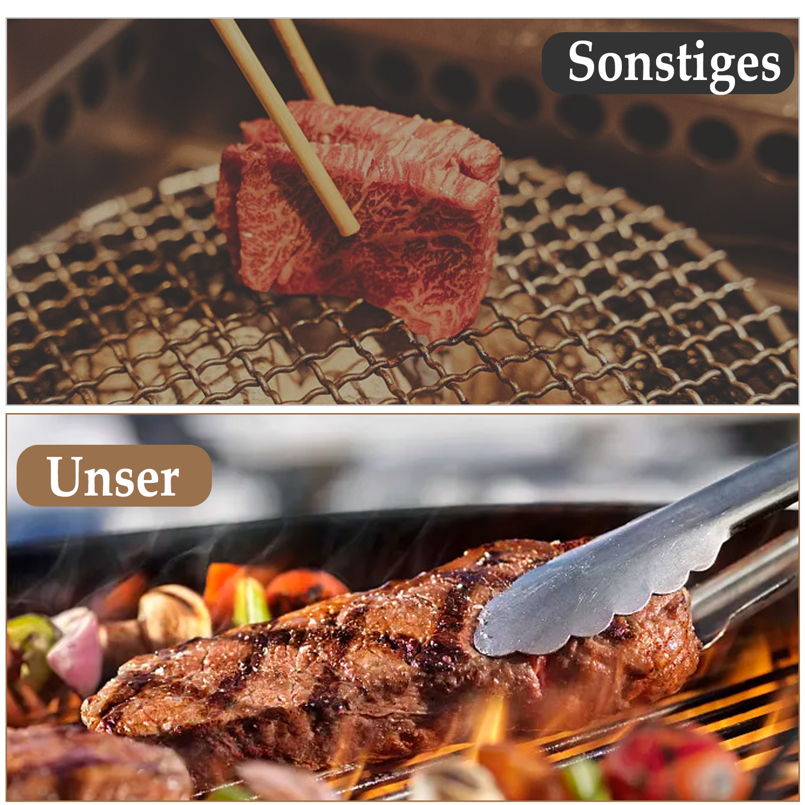 Bilder von gegrilltem Fleisch mit Essstäbchen und Zangen, mit Textlabels 'Sonstiges' und 'Unser'.