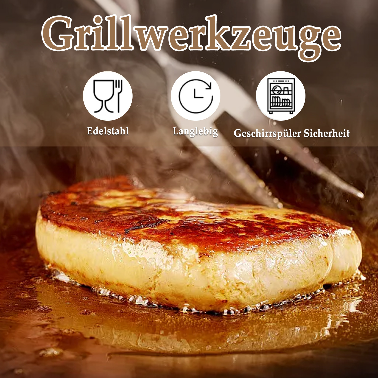 Ein Steak, das in einer Pfanne gebraten wird. Es gibt Symbole für Edelstahl, Haltbarkeit und Spülmaschinenfestigkeit.