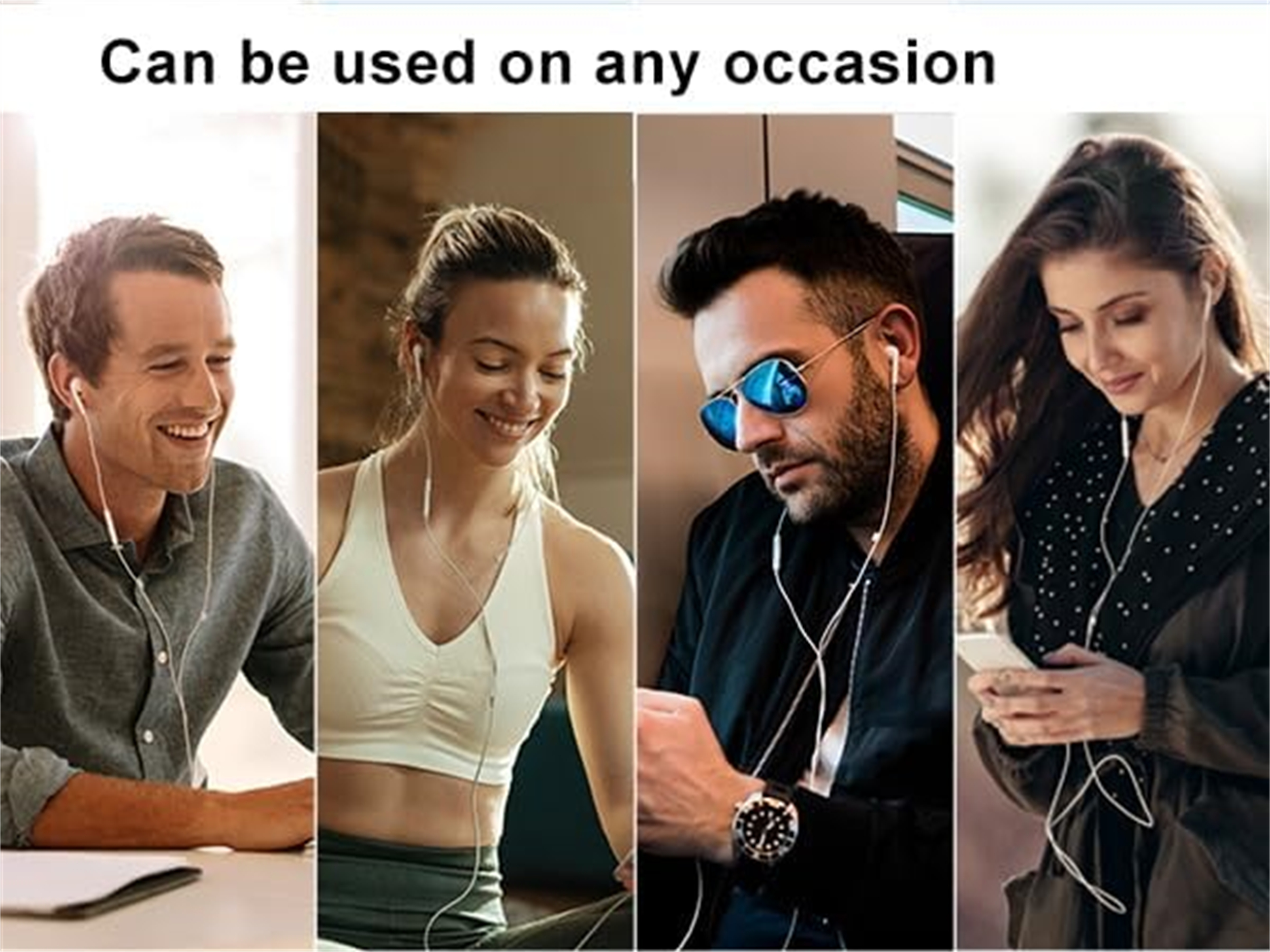 Eine Collage von Leuten, die Kopfhörer tragen. Sie lächeln, reden und benutzen Smartphones.