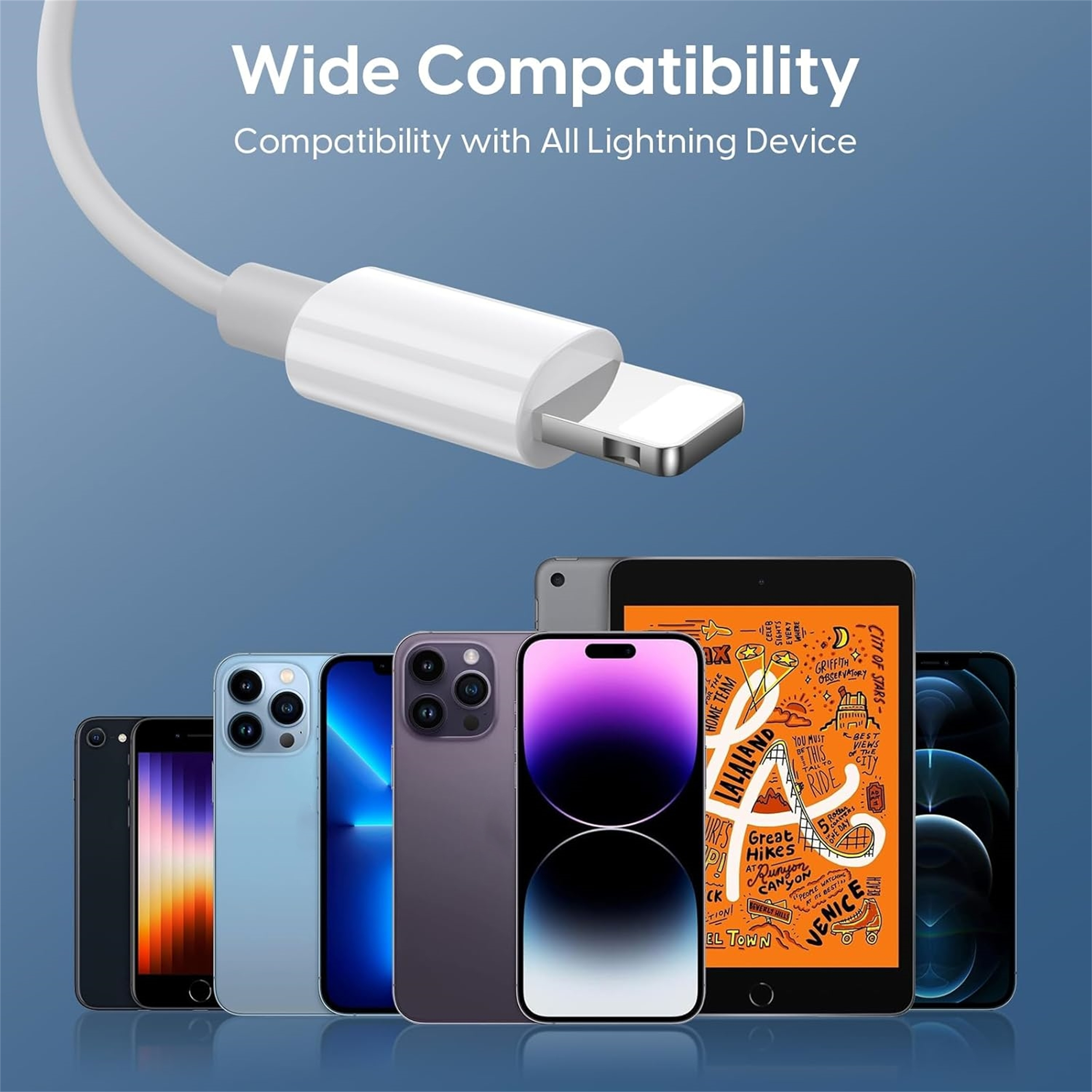 Verschiedene Smartphones und ein Tablet sind mit einem weißen Lightning-Kabel verbunden, Text lautet 'Wide Compatibility'.