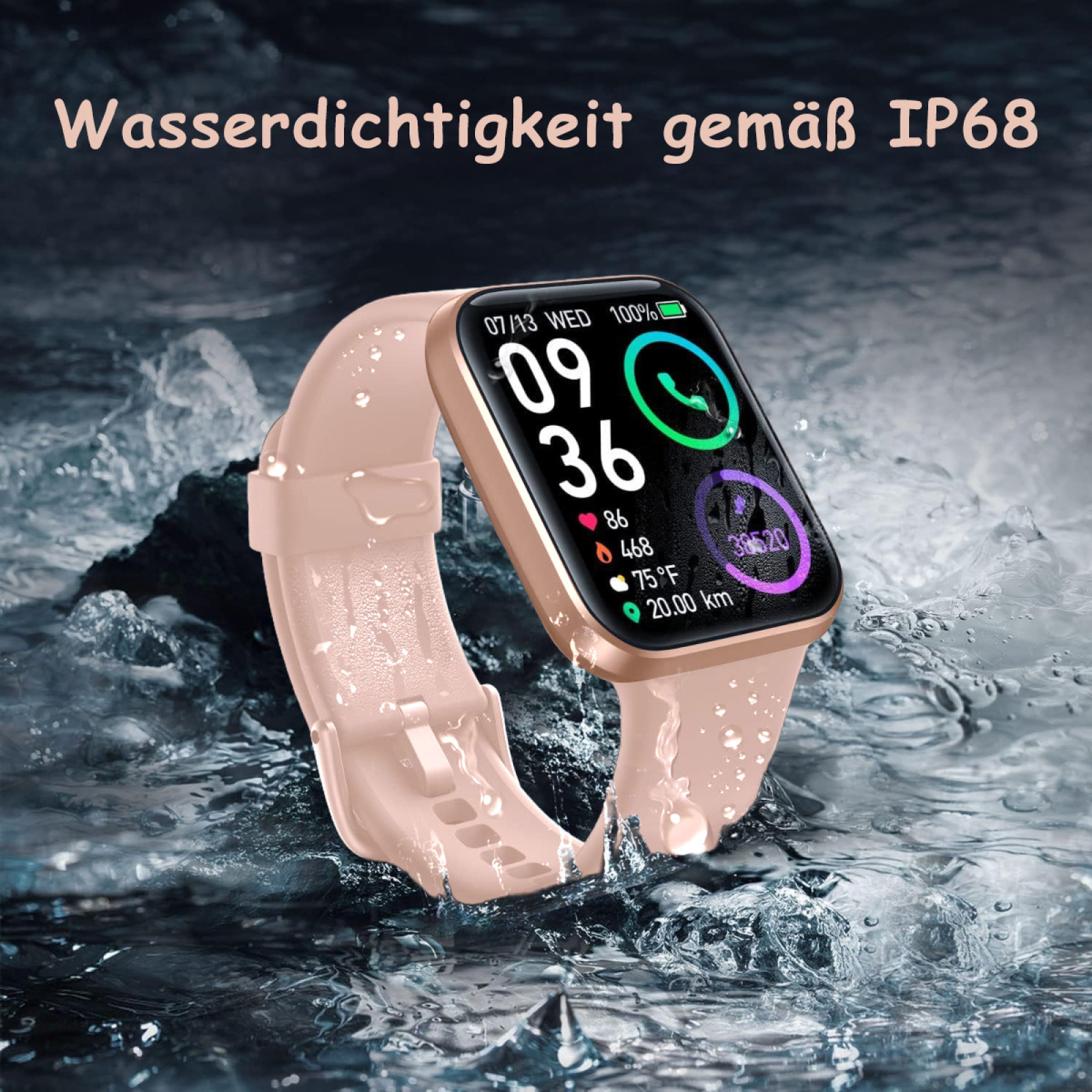 Eine rosa Smartwatch wird im Wasser gezeigt und zeigt die Zeit und Statistiken an. Das Uhrenarmband ist ebenfalls rosa und befindet sich im Wasser.