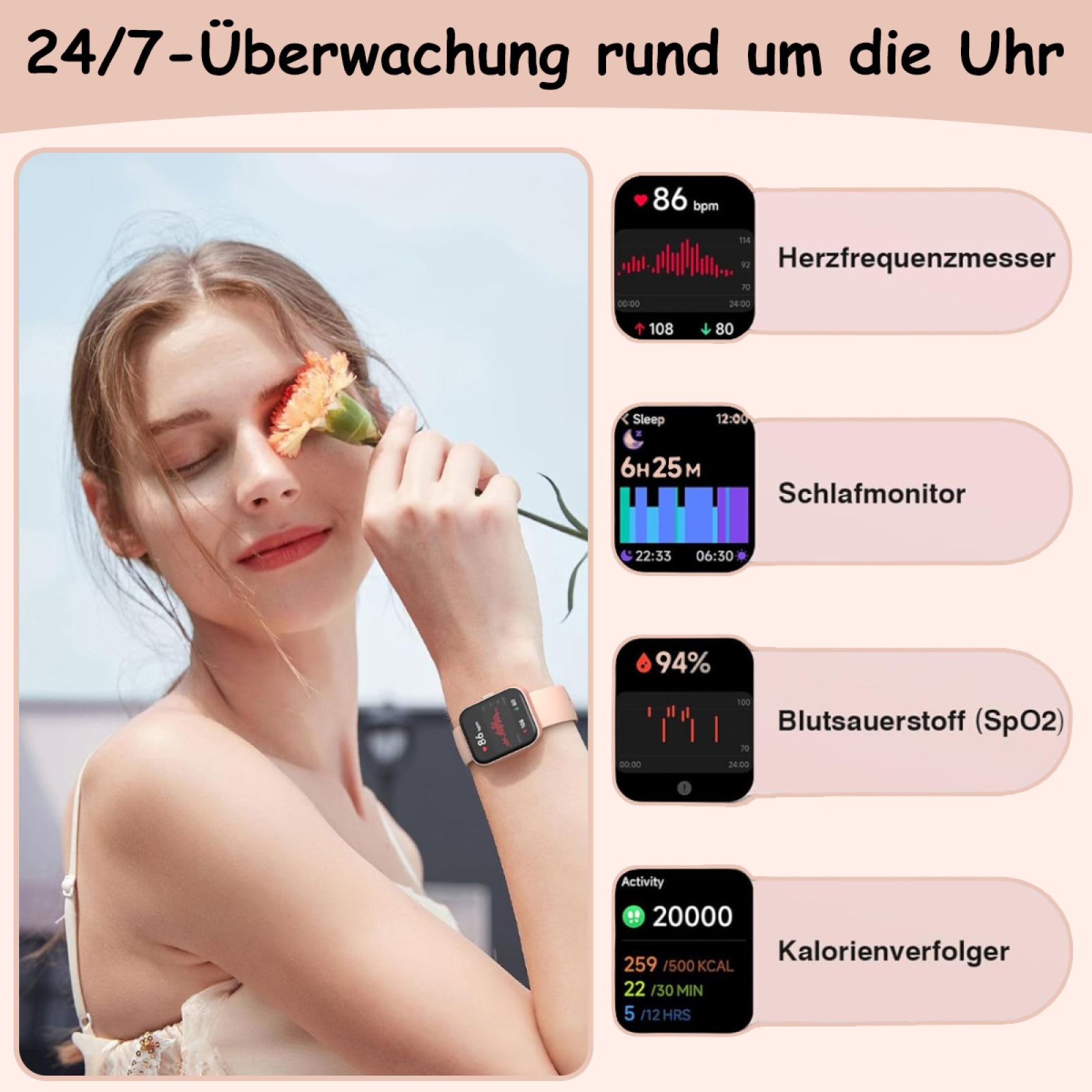 Frau mit Blume, die eine Smartwatch mit Gesundheitsdaten trägt: Herzfrequenz, Schlaf und Blutsauerstoff.