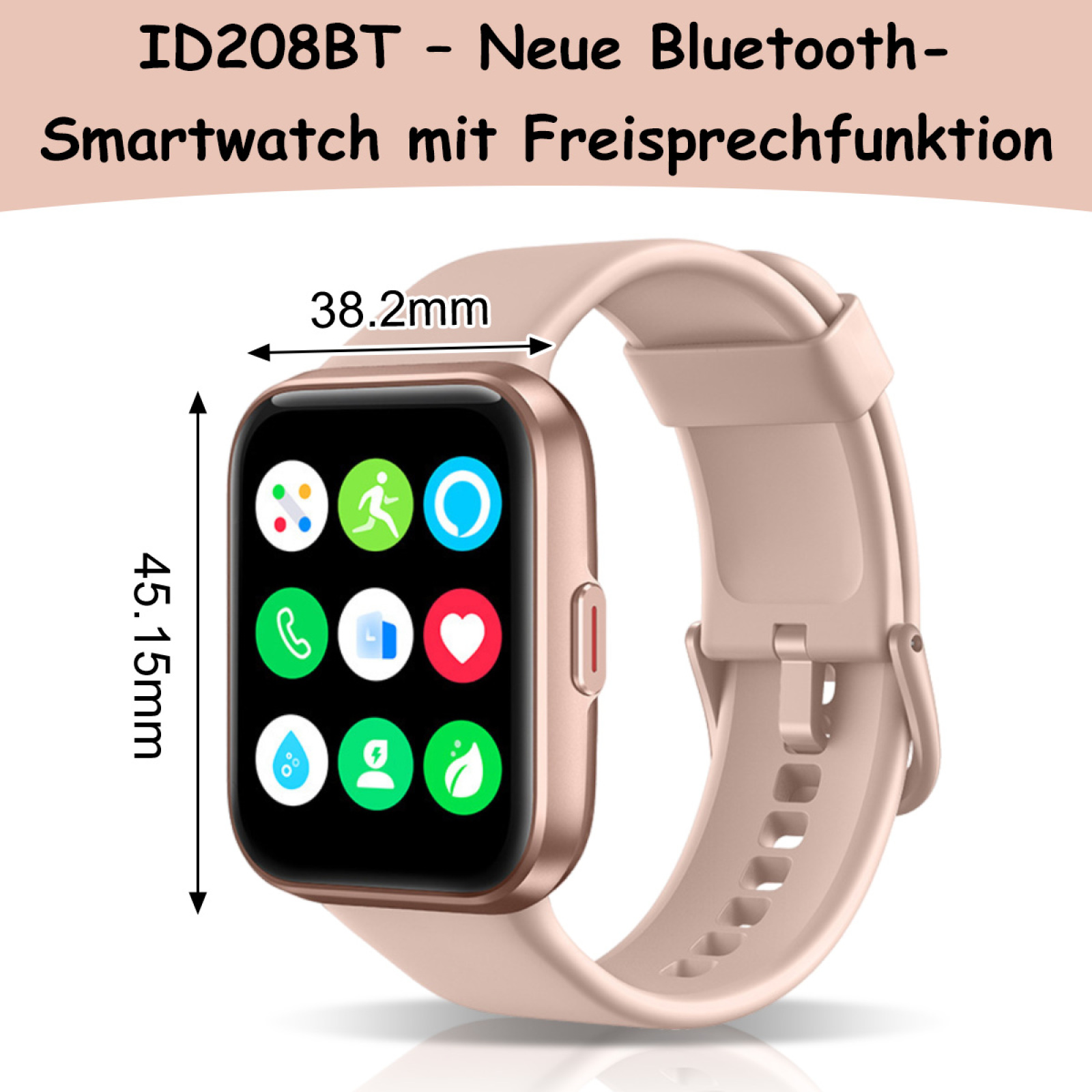 Eine roségoldene Smartwatch mit rechteckigem Bildschirm, der App-Symbole anzeigt. Das Armband hat eine passende rosa Farbe.