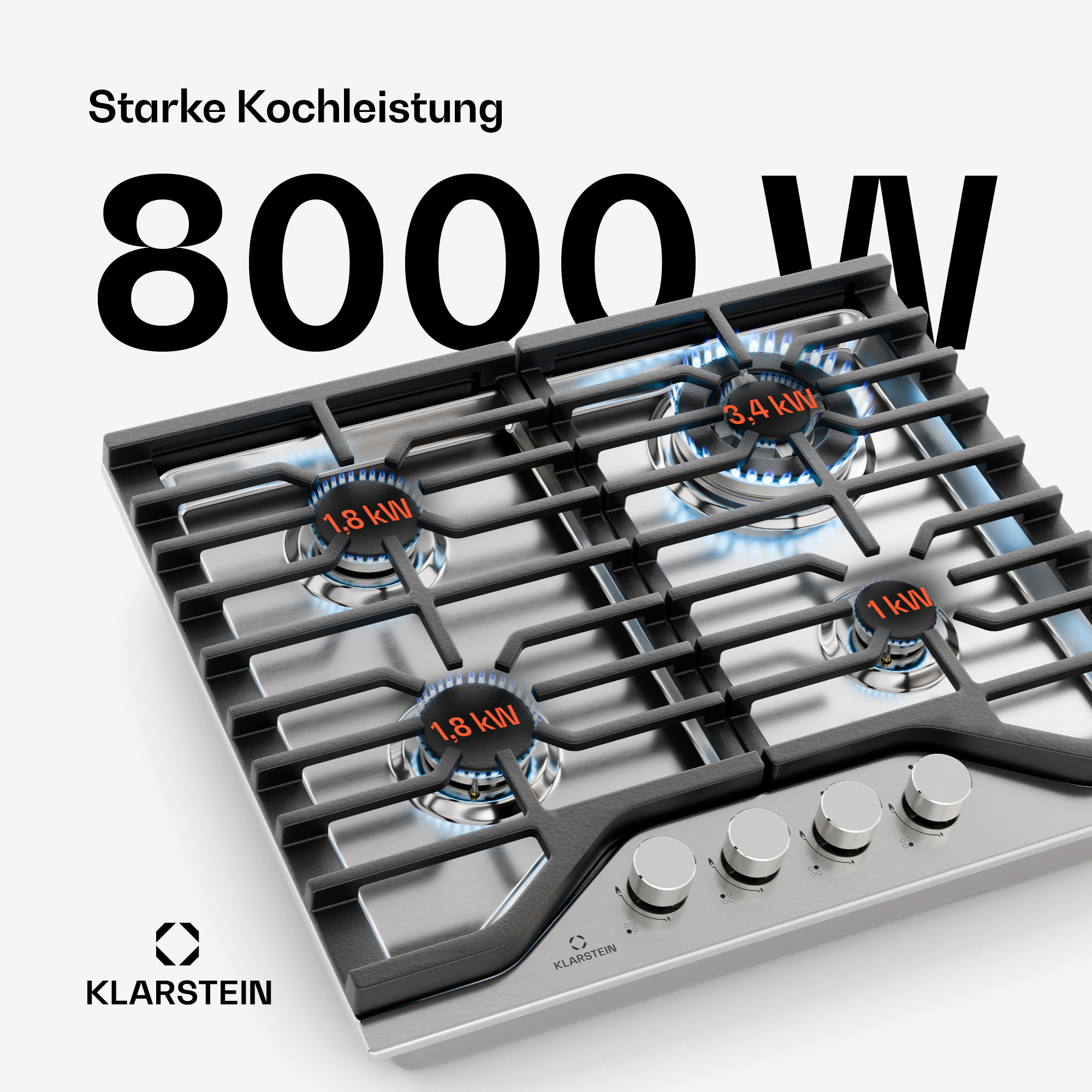 Gasherd mit vier Brennern, beschriftet mit Leistungsangaben und dem Klarstein-Logo. Blaue Flammen sichtbar.