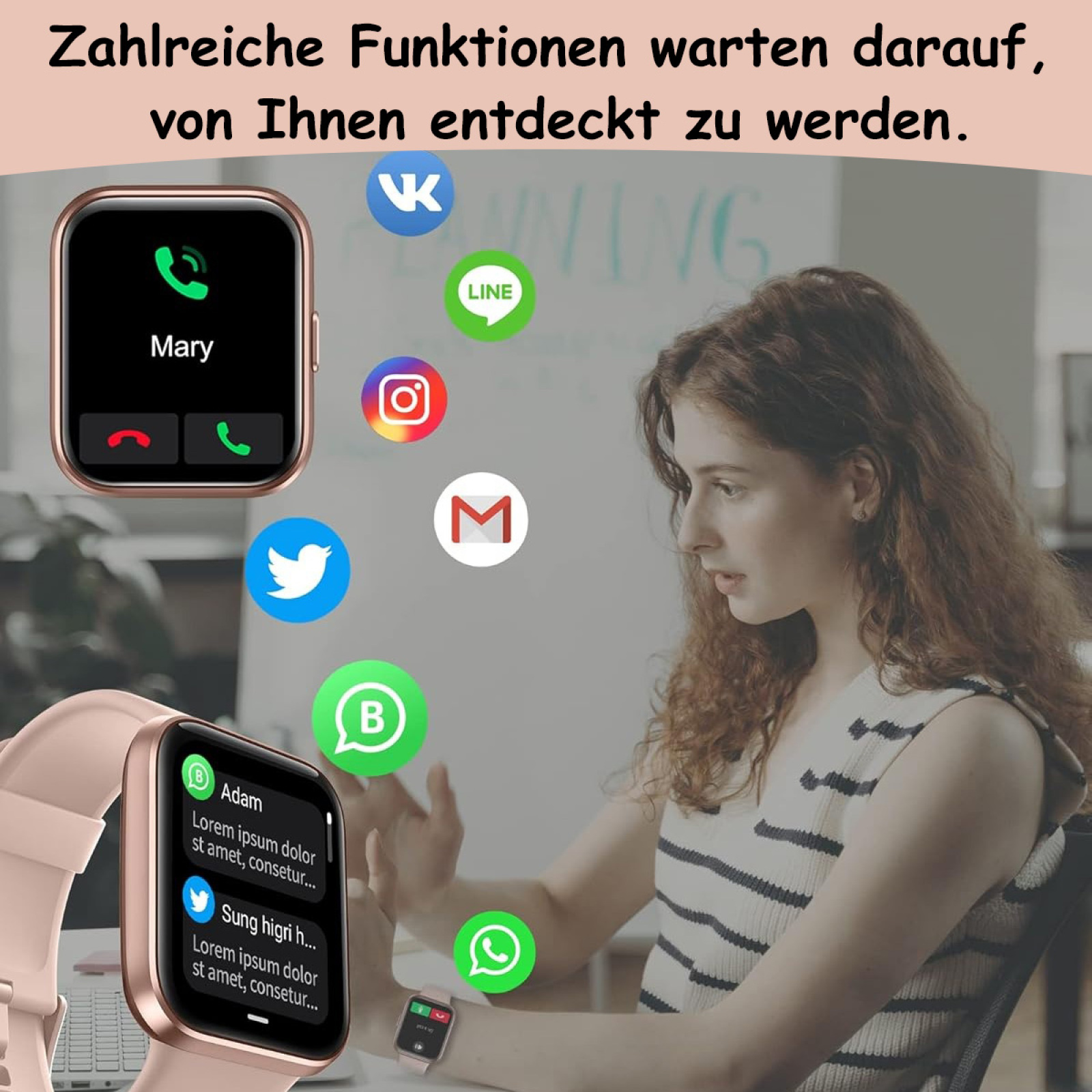 Eine Frau mit einer rosafarbenen Smartwatch wird gezeigt. Der Bildschirm zeigt eine Anrufschnittstelle und Social-Media-App-Benachrichtigungen.