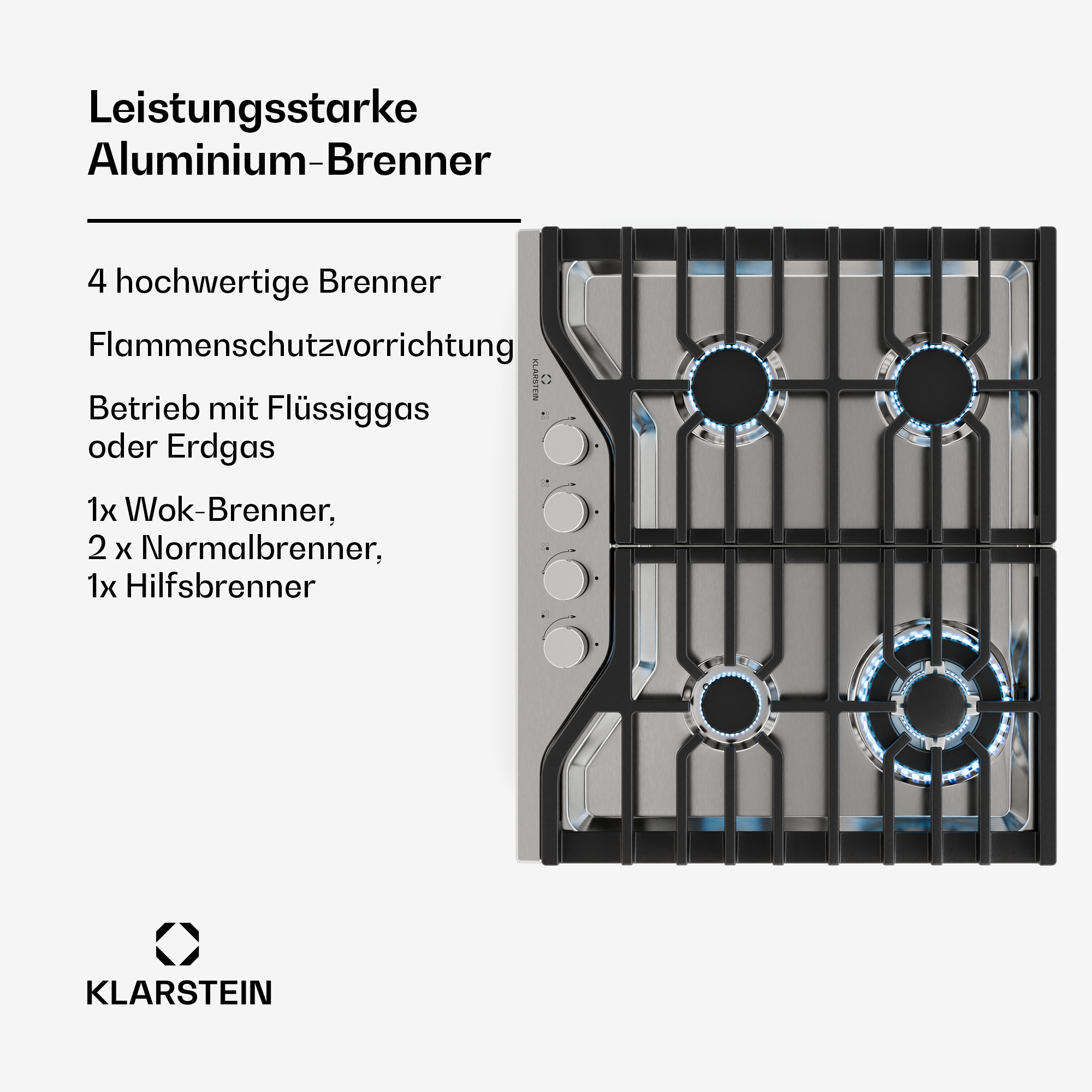 Gasherd aus Edelstahl mit vier Brennern, beschriftet mit Spezifikationen und dem Klarstein-Logo. Schwarze Akzente.