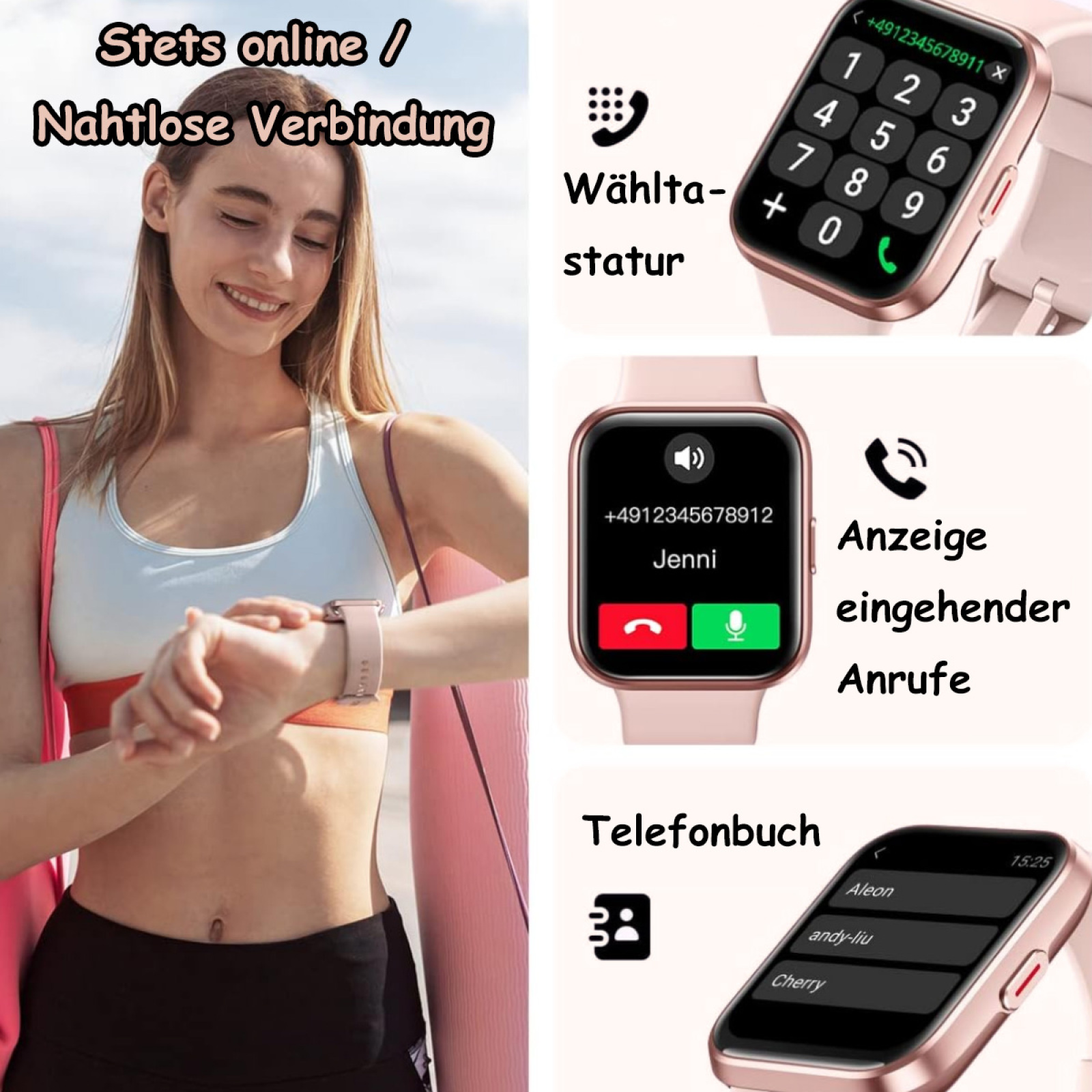 Frau mit Smartwatch beim Telefonieren. Anzeigen zeigen Wahl-, eingehende Anruf- und Telefonbuchfunktionen. Pinke Uhr.