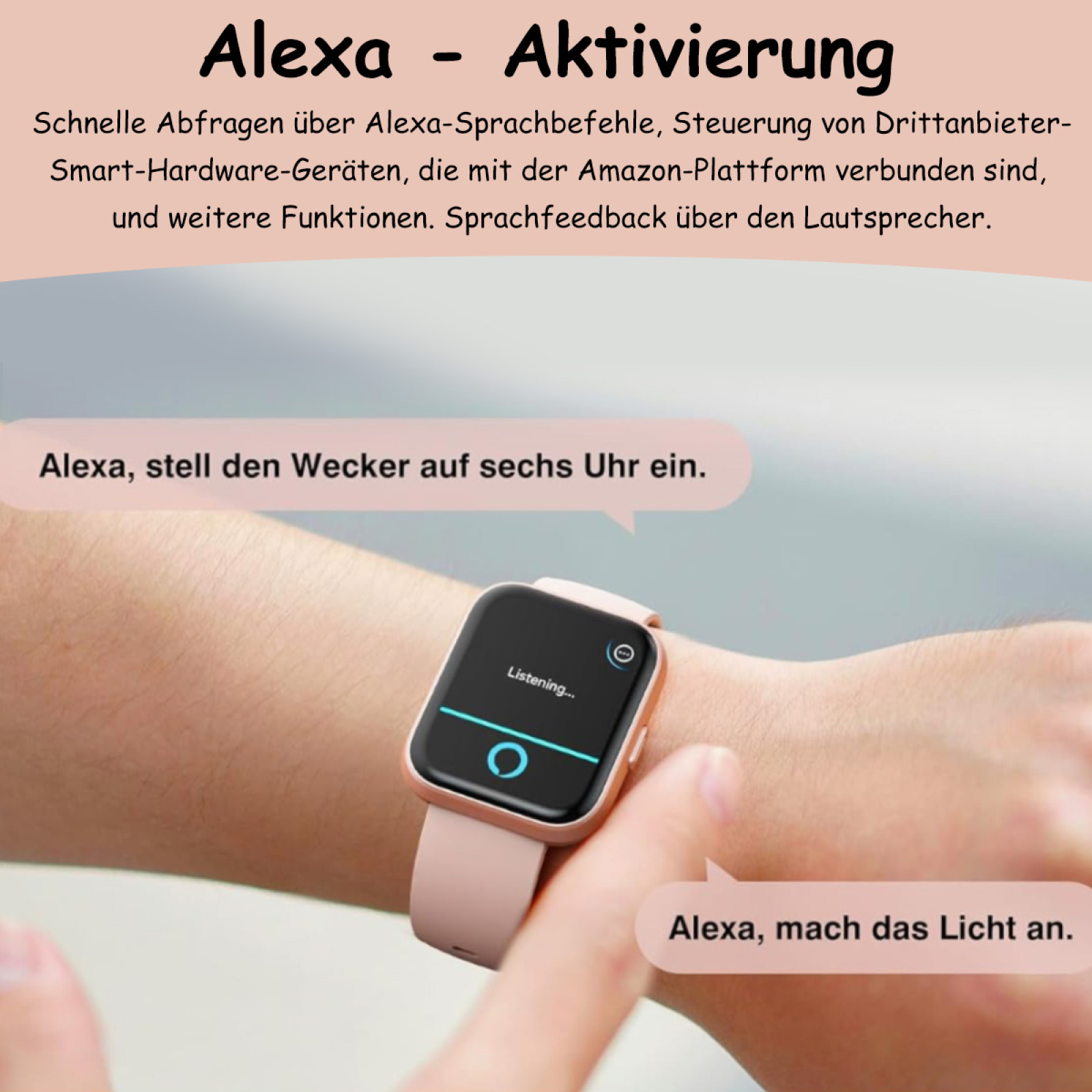 Das Handgelenk einer Person mit einer rosafarbenen Smartwatch und ein Finger, der den Bildschirm berührt, mit Text zur Alexa-Aktivierung.