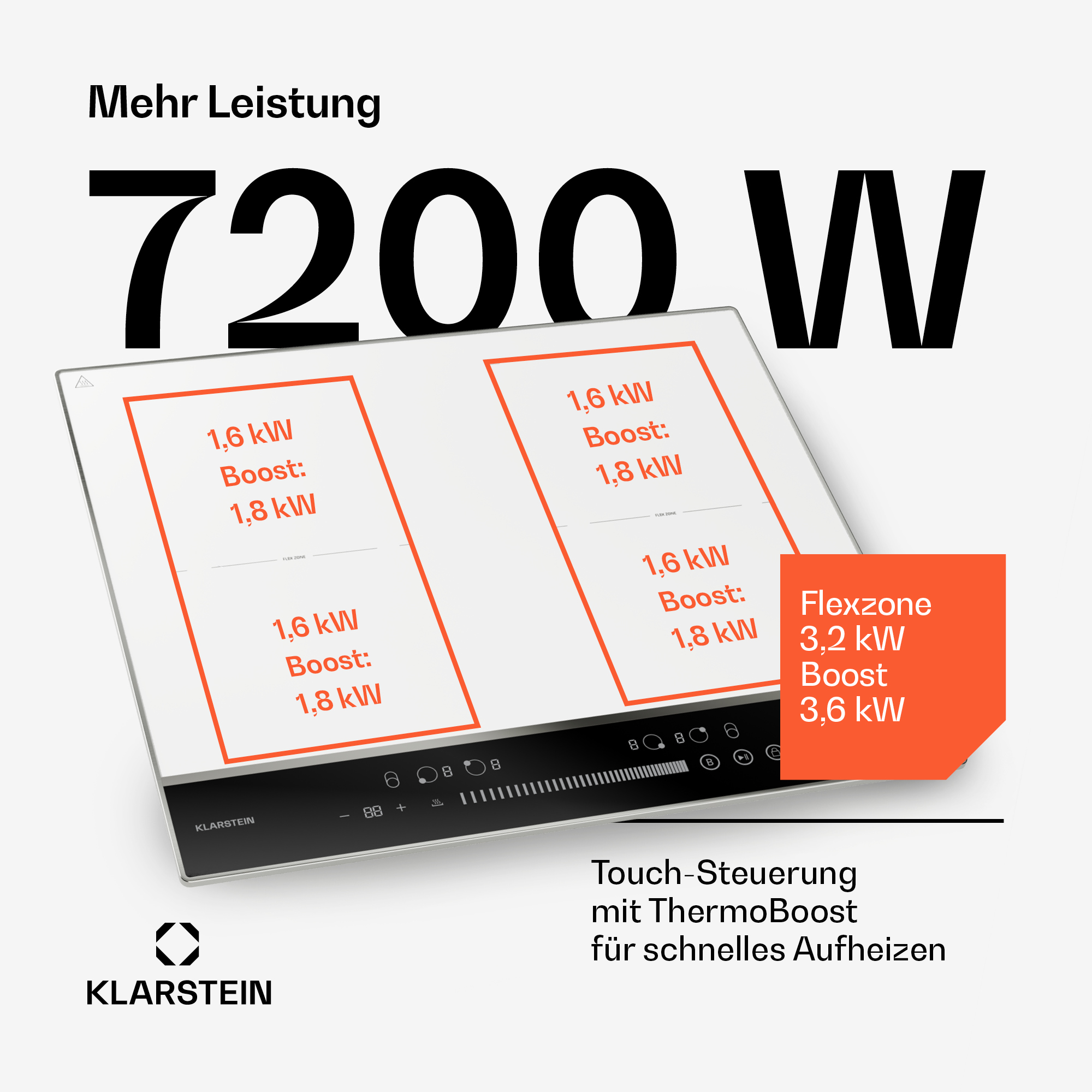 Ein weißes Induktionskochfeld mit vier Kochzonen. Oranger Text hebt Leistungsdetails und Flexzonenoptionen hervor.