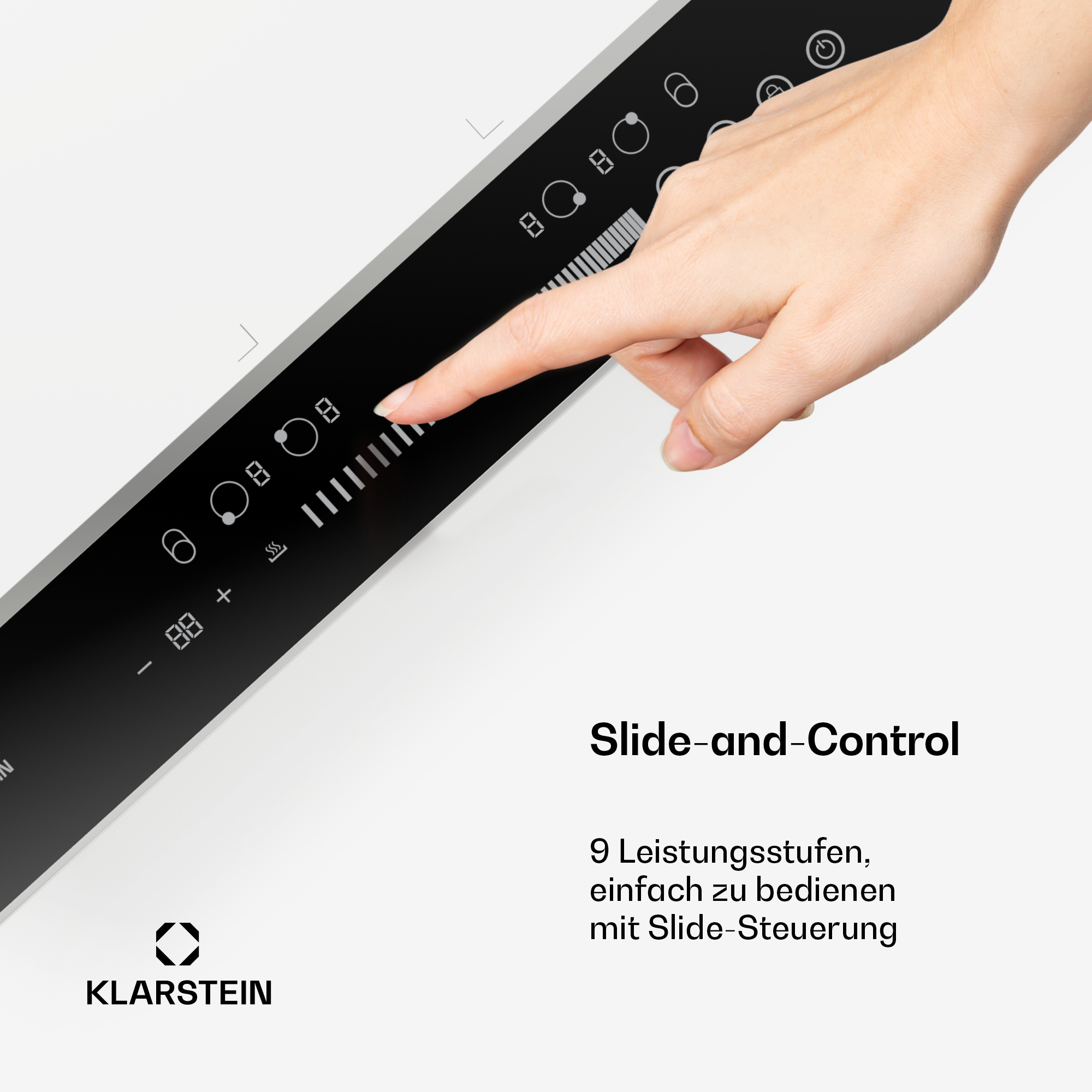 Schwarzes und weißes Induktionskochfeld mit einem Finger, der das Bedienfeld berührt. Text sagt 'Slide-and-Control'.