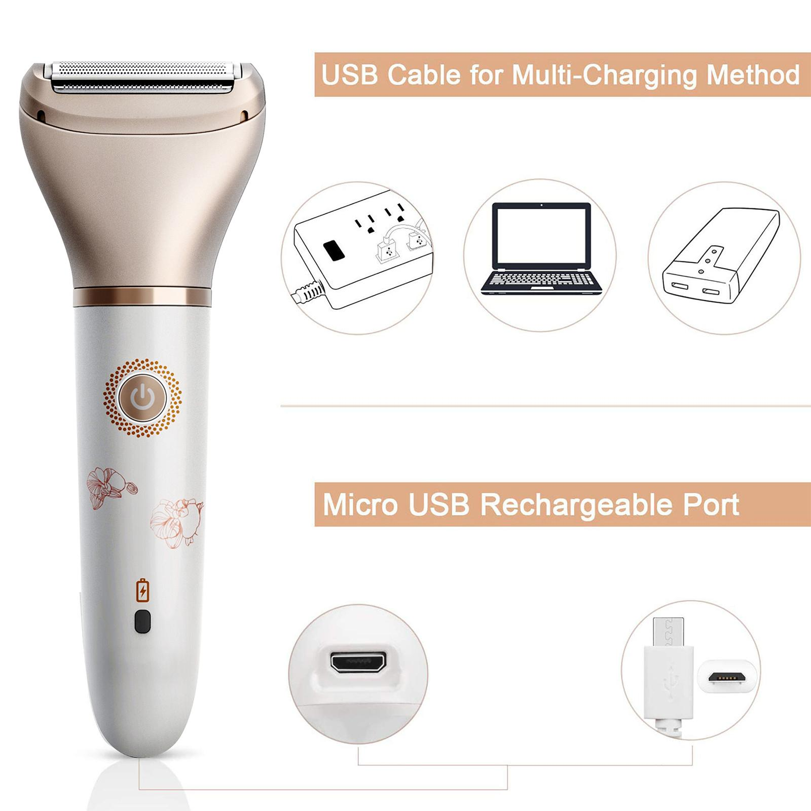 Epilierer mit USB-Kabel und Ladeoptionen. Der Epilierer ist weiß mit goldenen Details. Der Hintergrund ist weiß.