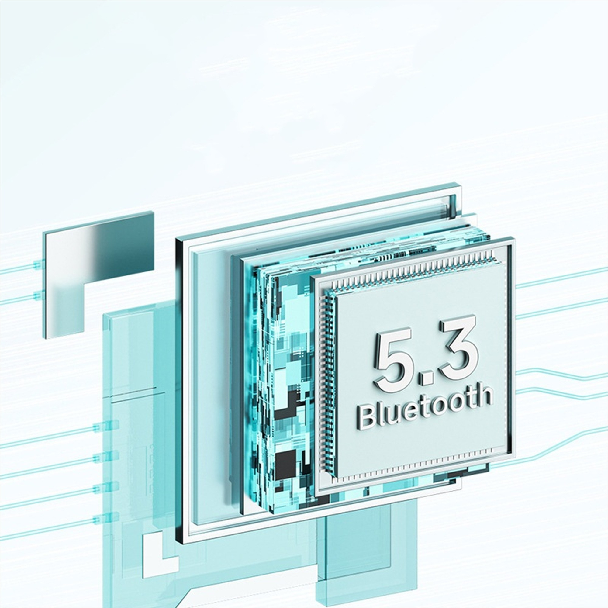 Ein Diagramm, das die internen Komponenten eines Bluetooth-Geräts zeigt. Der Text lautet 5.3 Bluetooth.